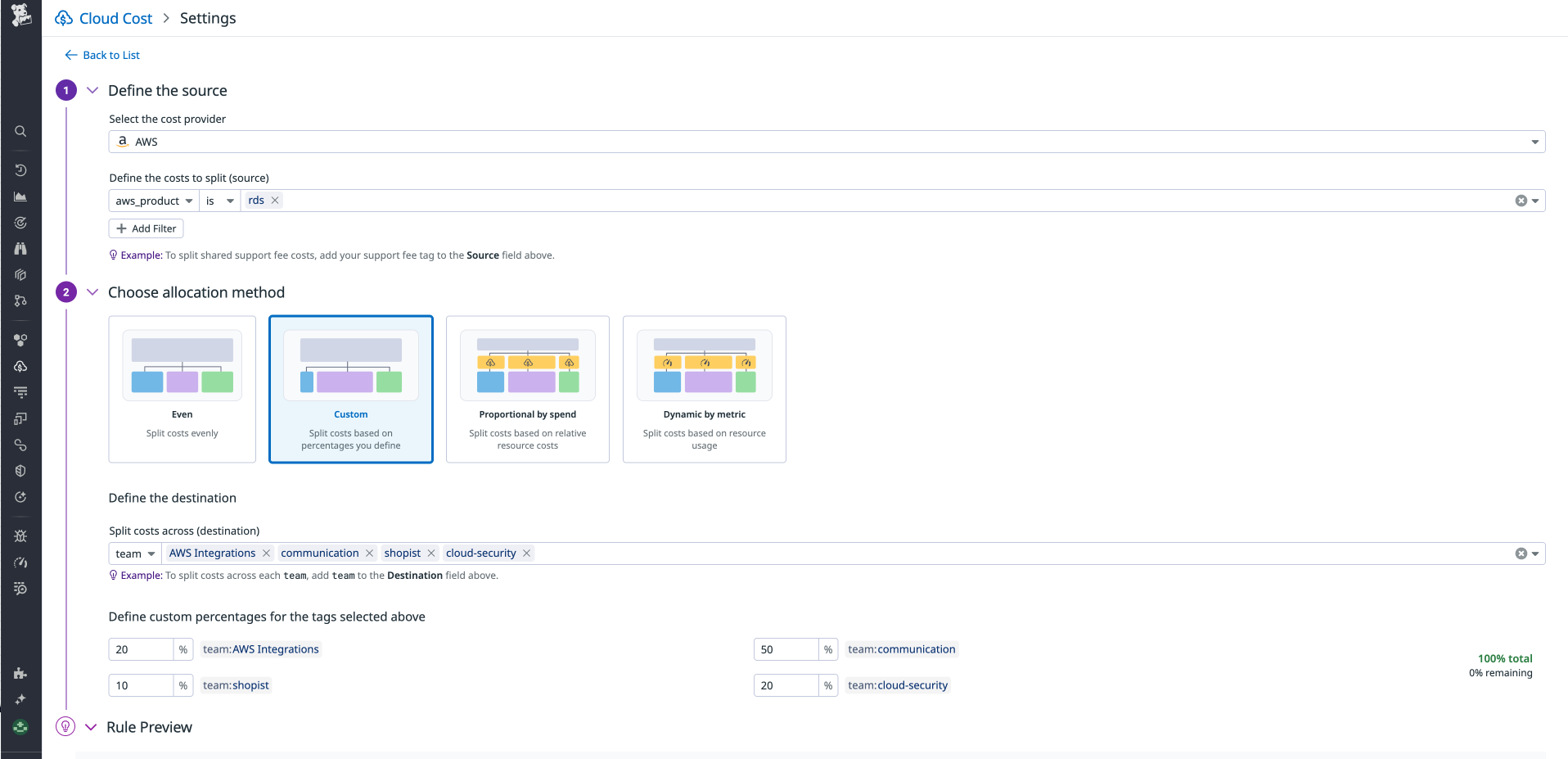A custom allocation rule that splits AWS costs across four teams.