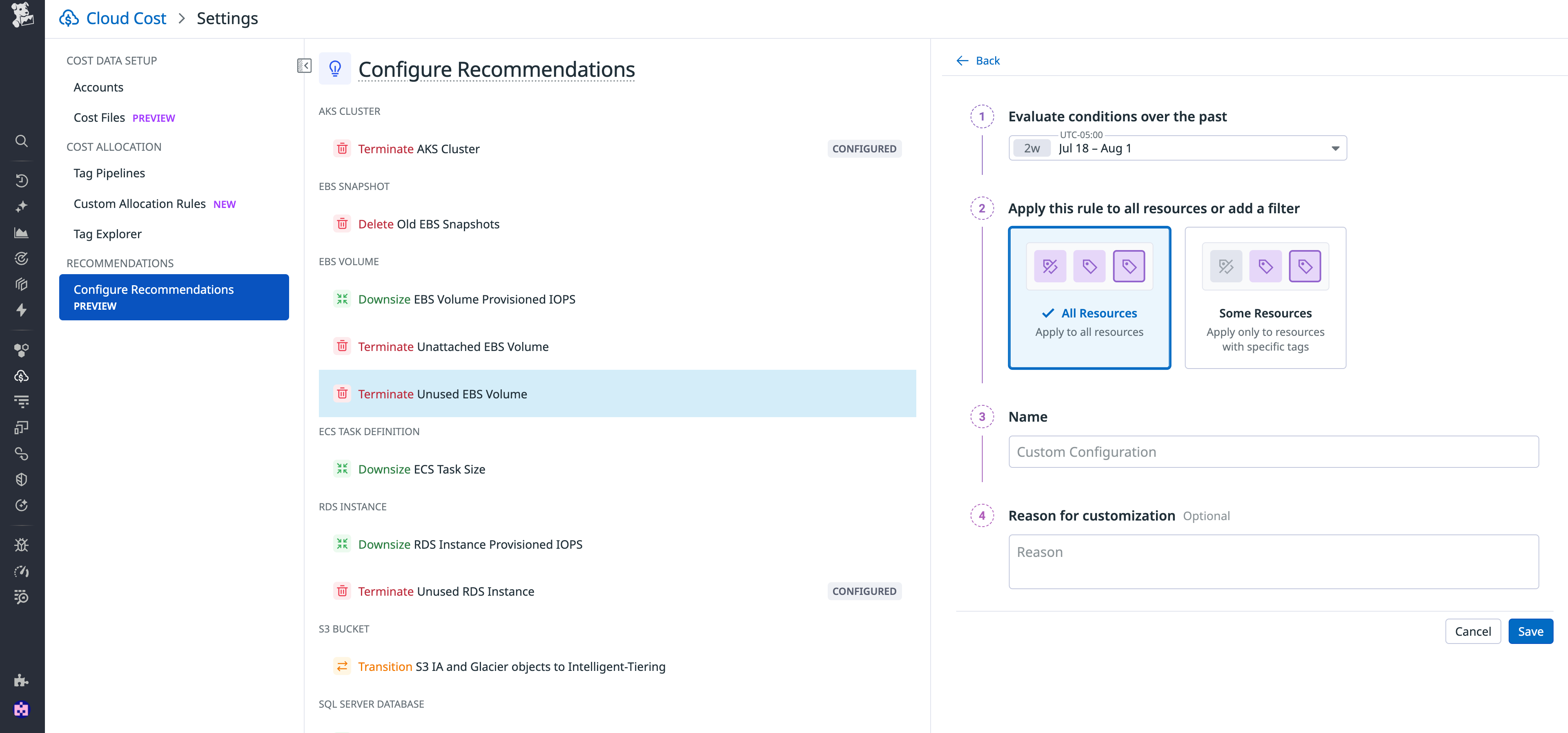 View of the Settings page where you can customize recommendations.