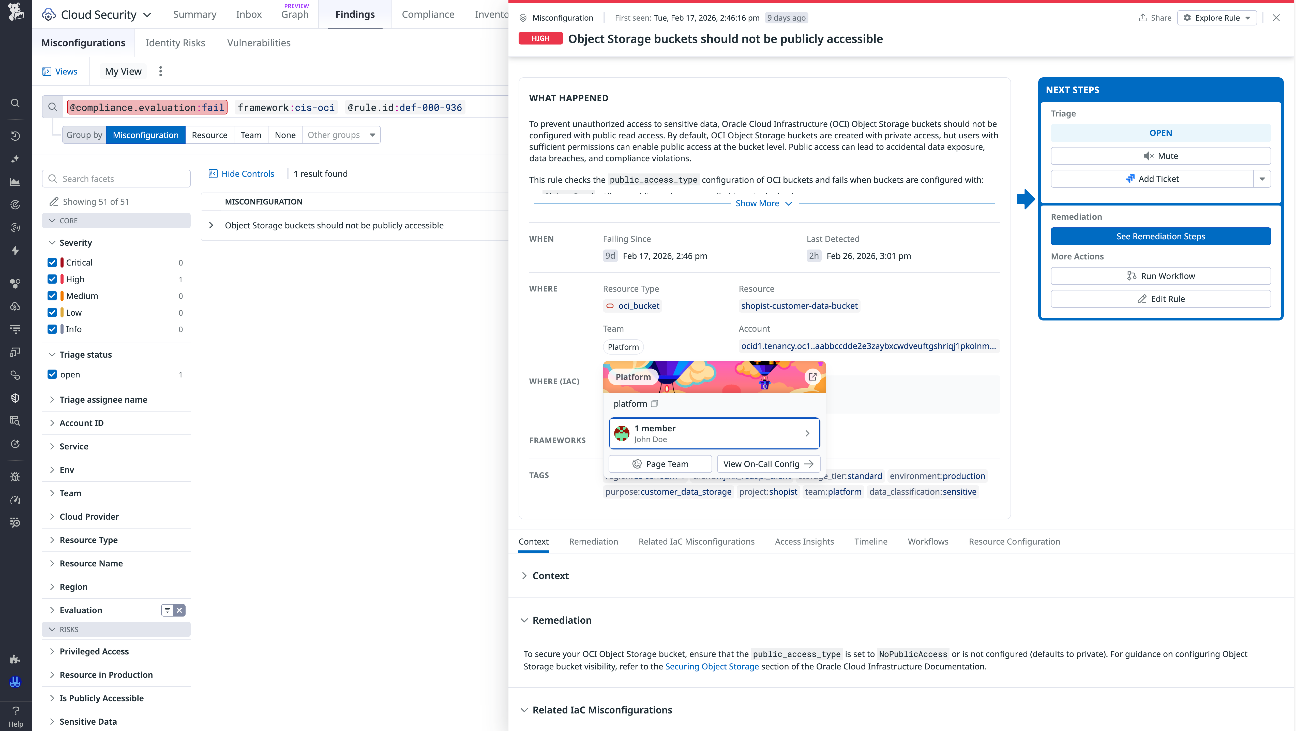 Screenshot of a high-severity finding for an OCI storage bucket that is publicly accessible.