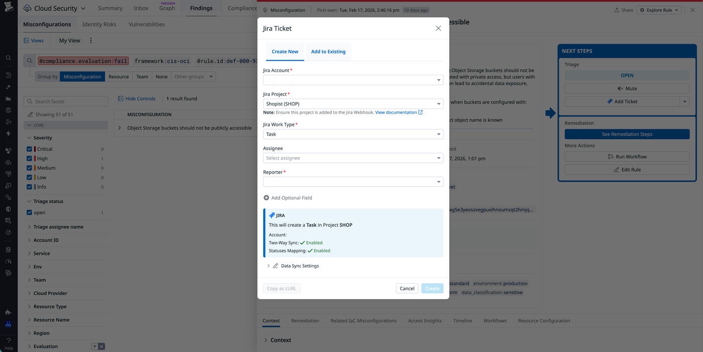 Screenshot of functionality to create a Jira ticket from a Datadog Cloud Security finding. Screenshot of functionality to create a Jira ticket from a Datadog Cloud Security finding.