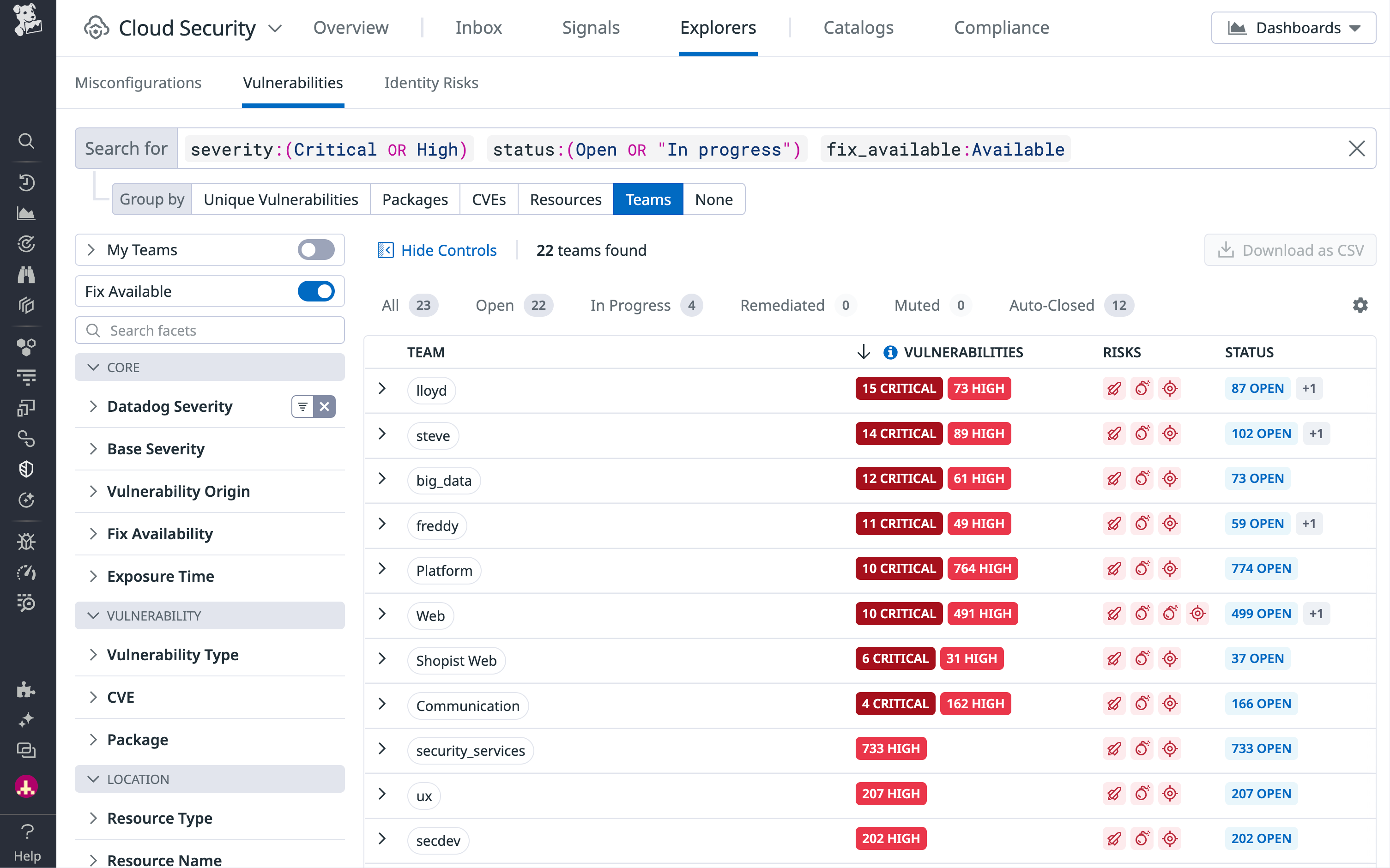 Container Images view by team.