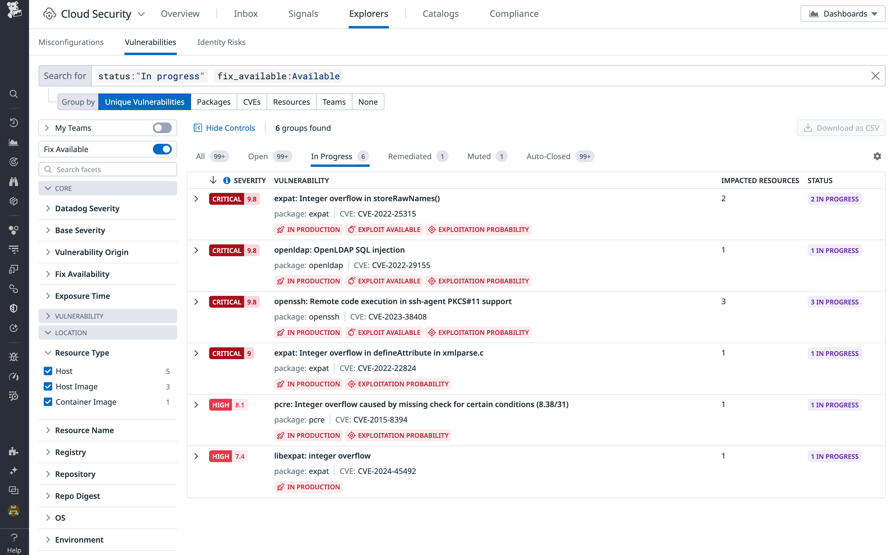 Vulnerabilities list with varying statuses.
