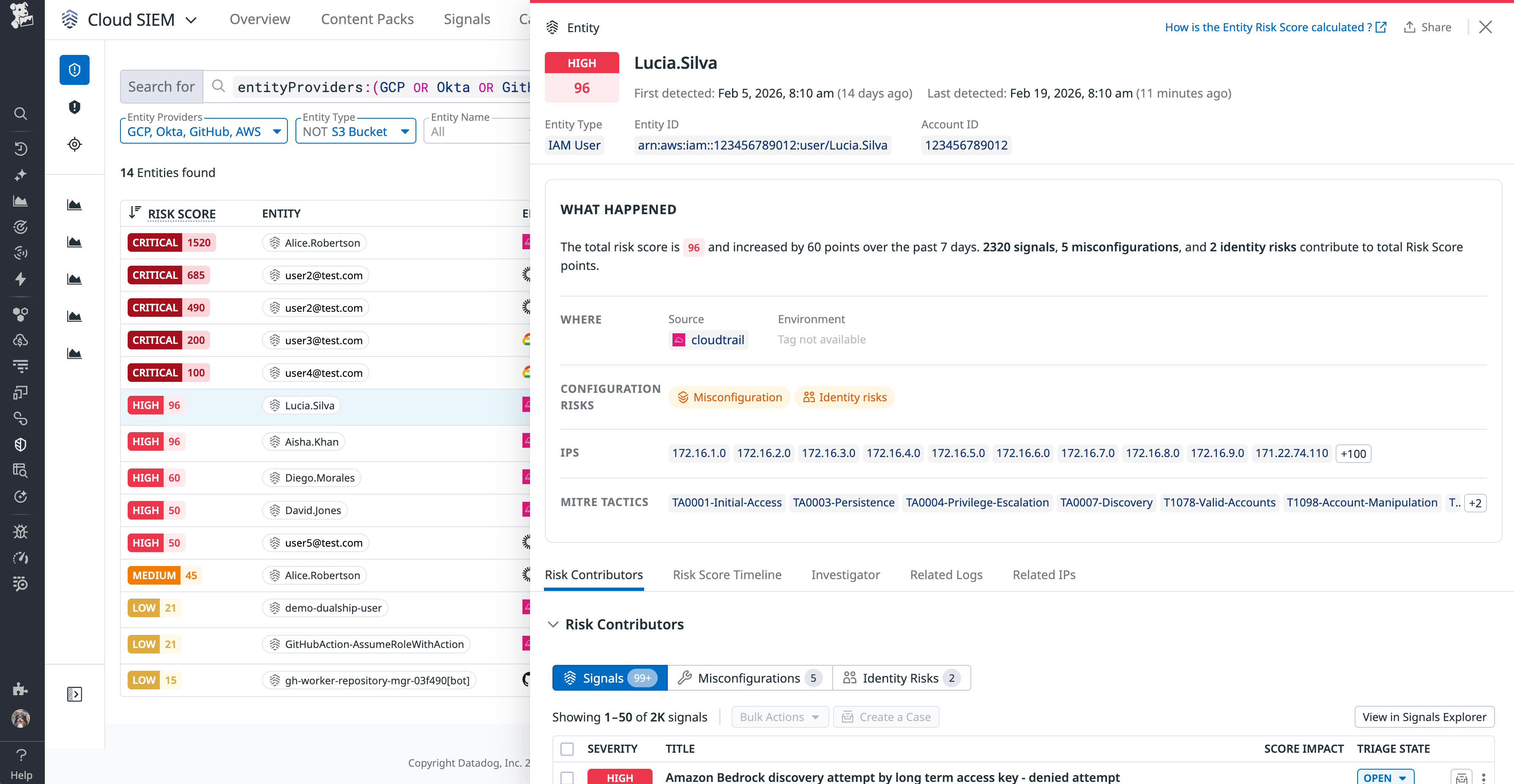 Screenshot of a specific Risk Insight in Cloud SIEM that shows its risk assessment and other information.