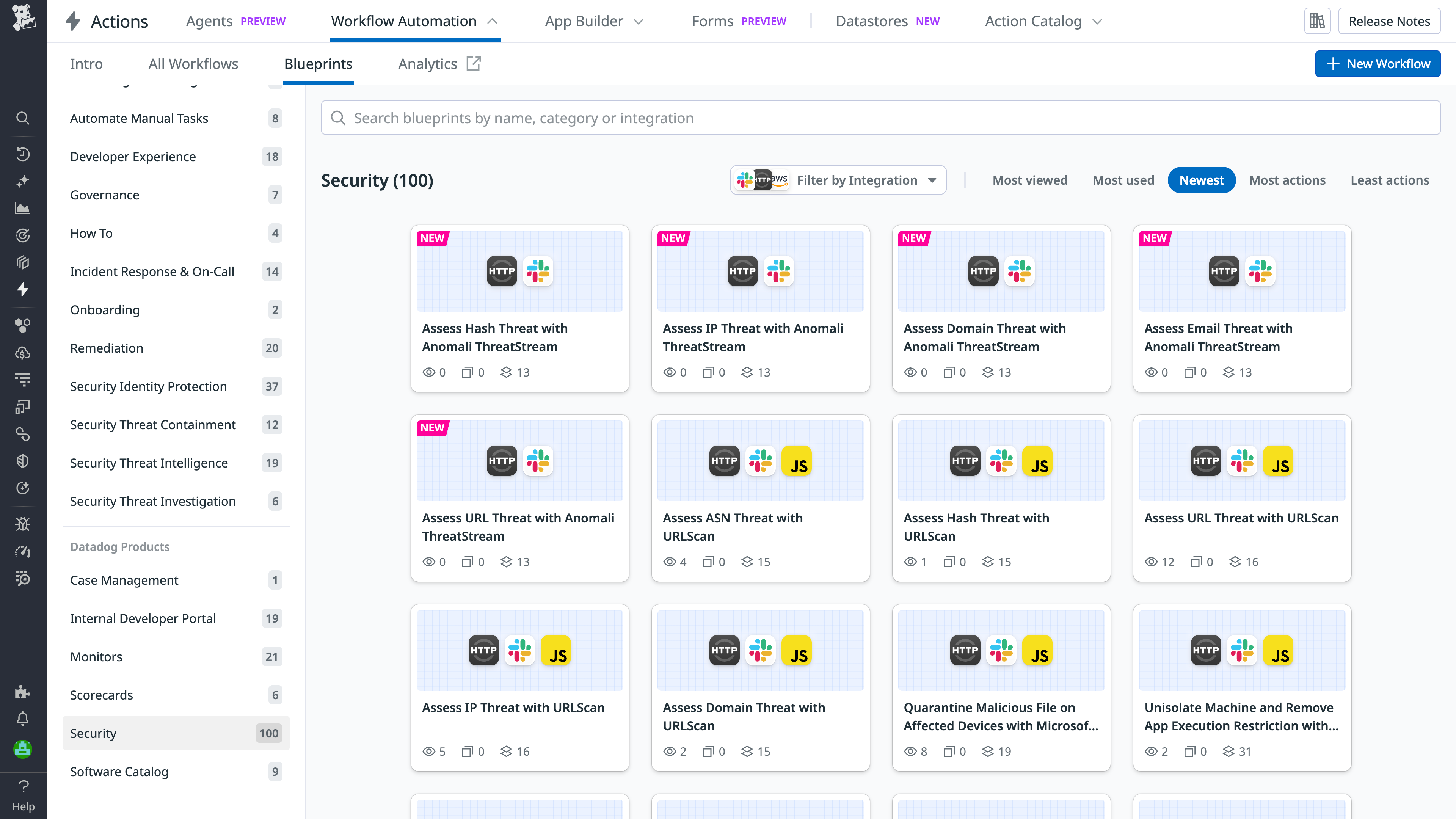 Screenshot showing a list of available Security Orchestration, Automation, and Response (SOAR) Workflow Automation blueprints