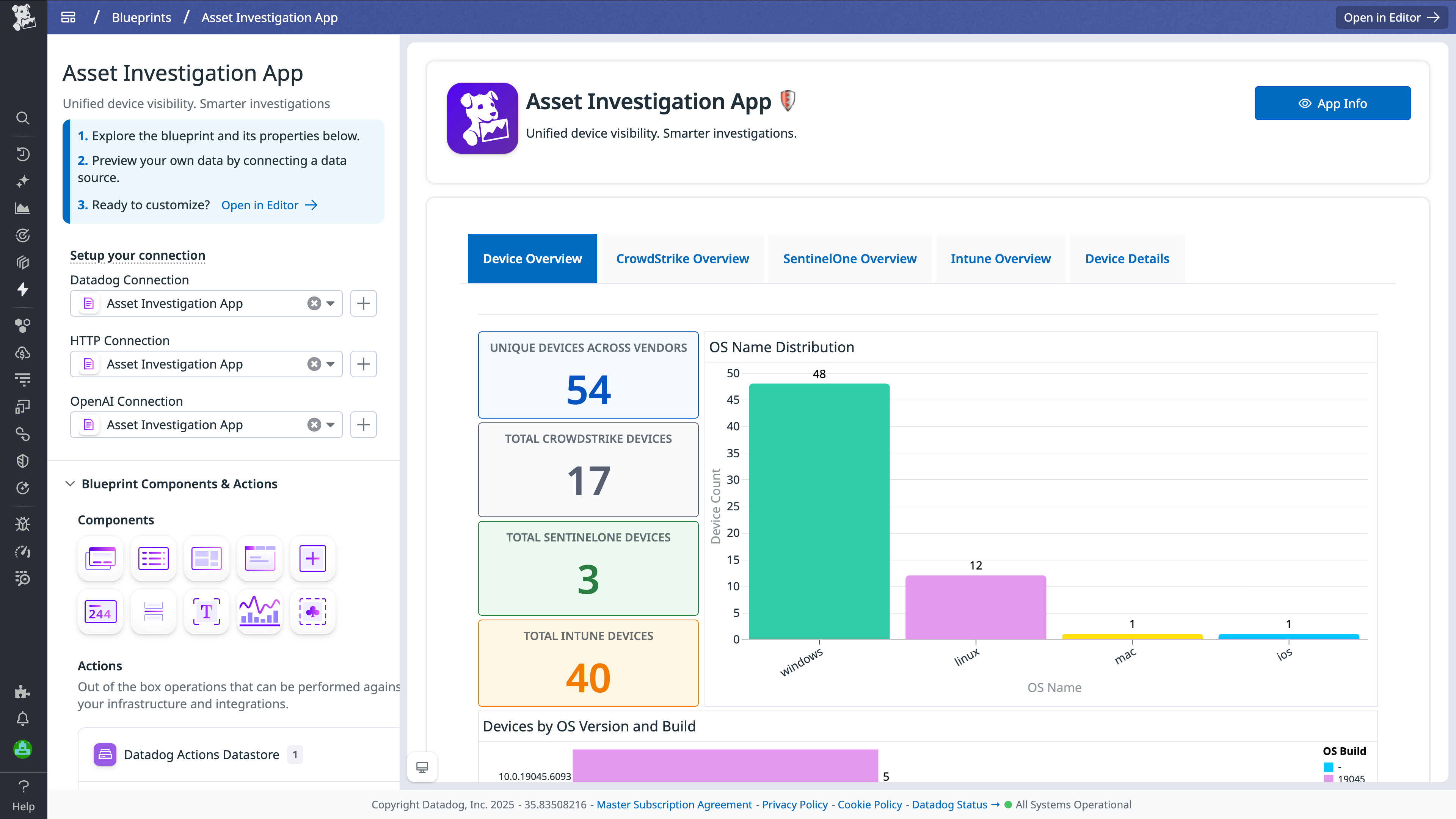 Screenshot of the Asset Investigation App homescreen showing different connected devices on the Device Overview tab.