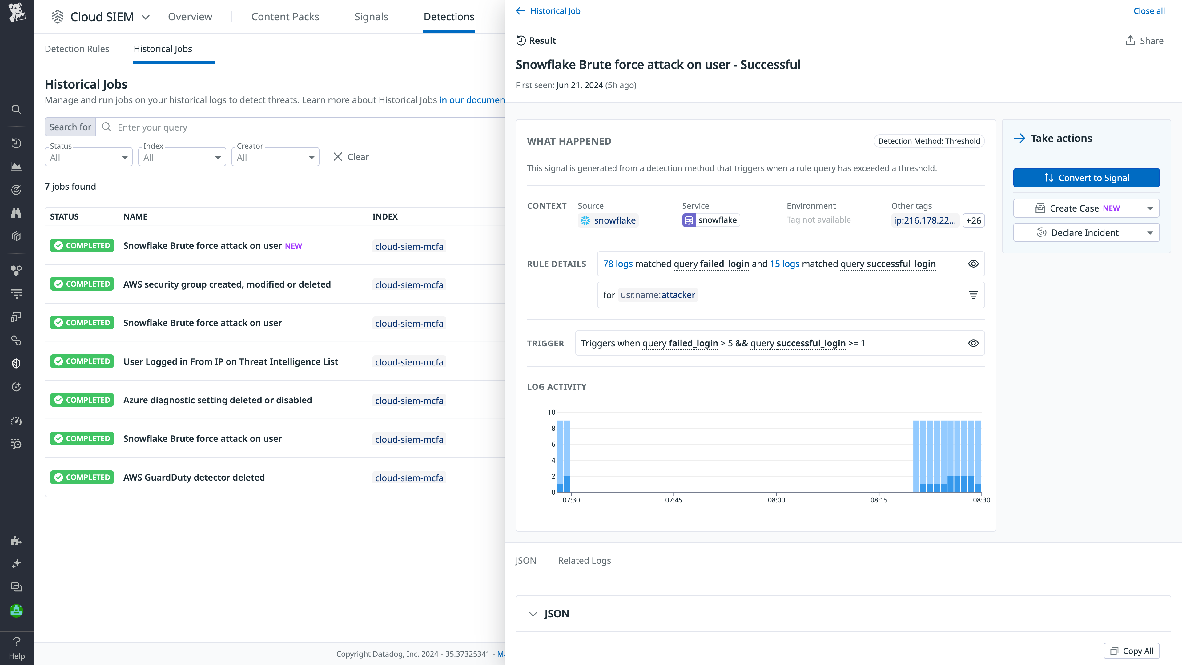 Datadog Cloud SIEM Historical Jobs result