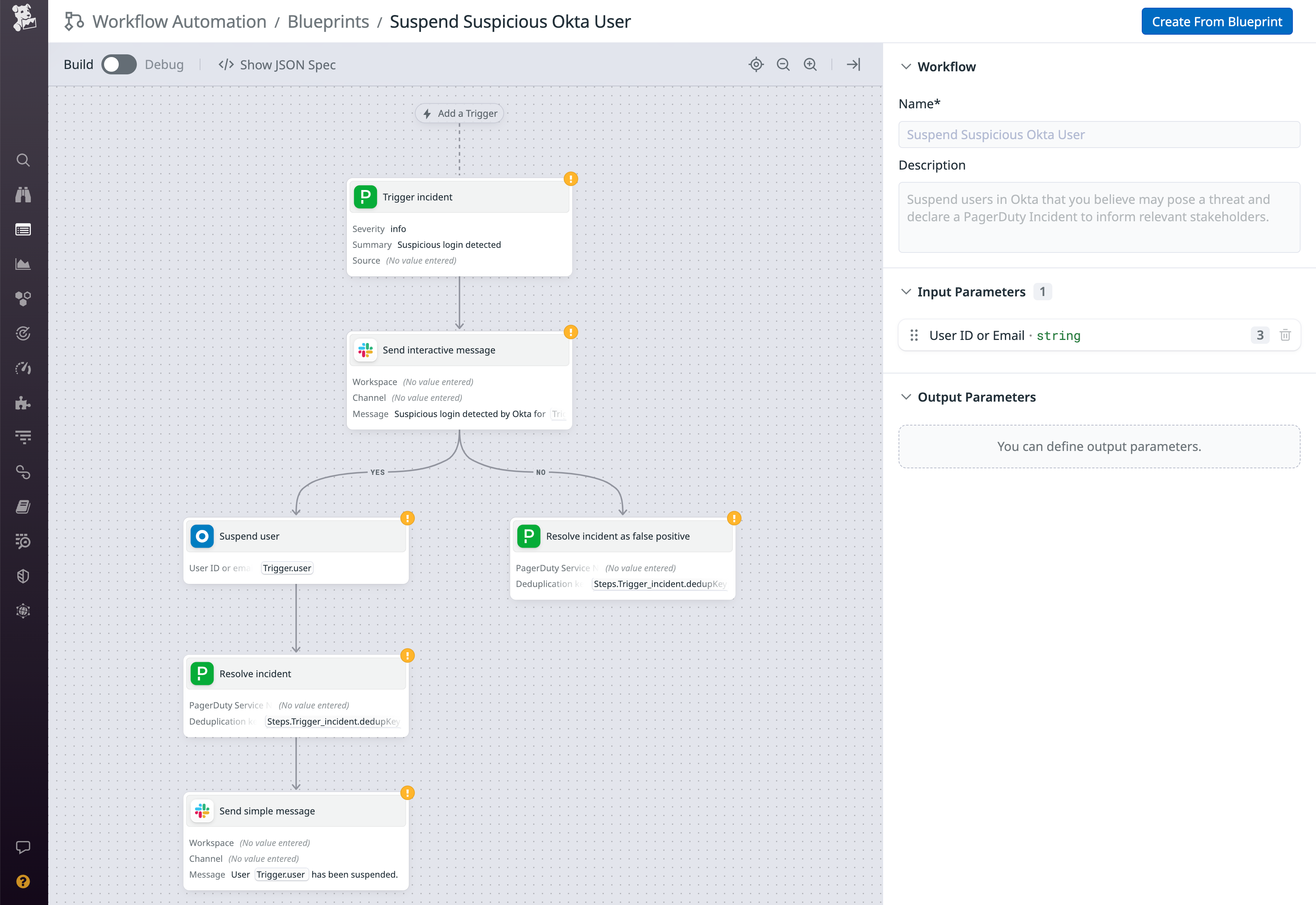 A Workflow Automation blueprint shows the flow of automated activities for suspending an Okta user account.