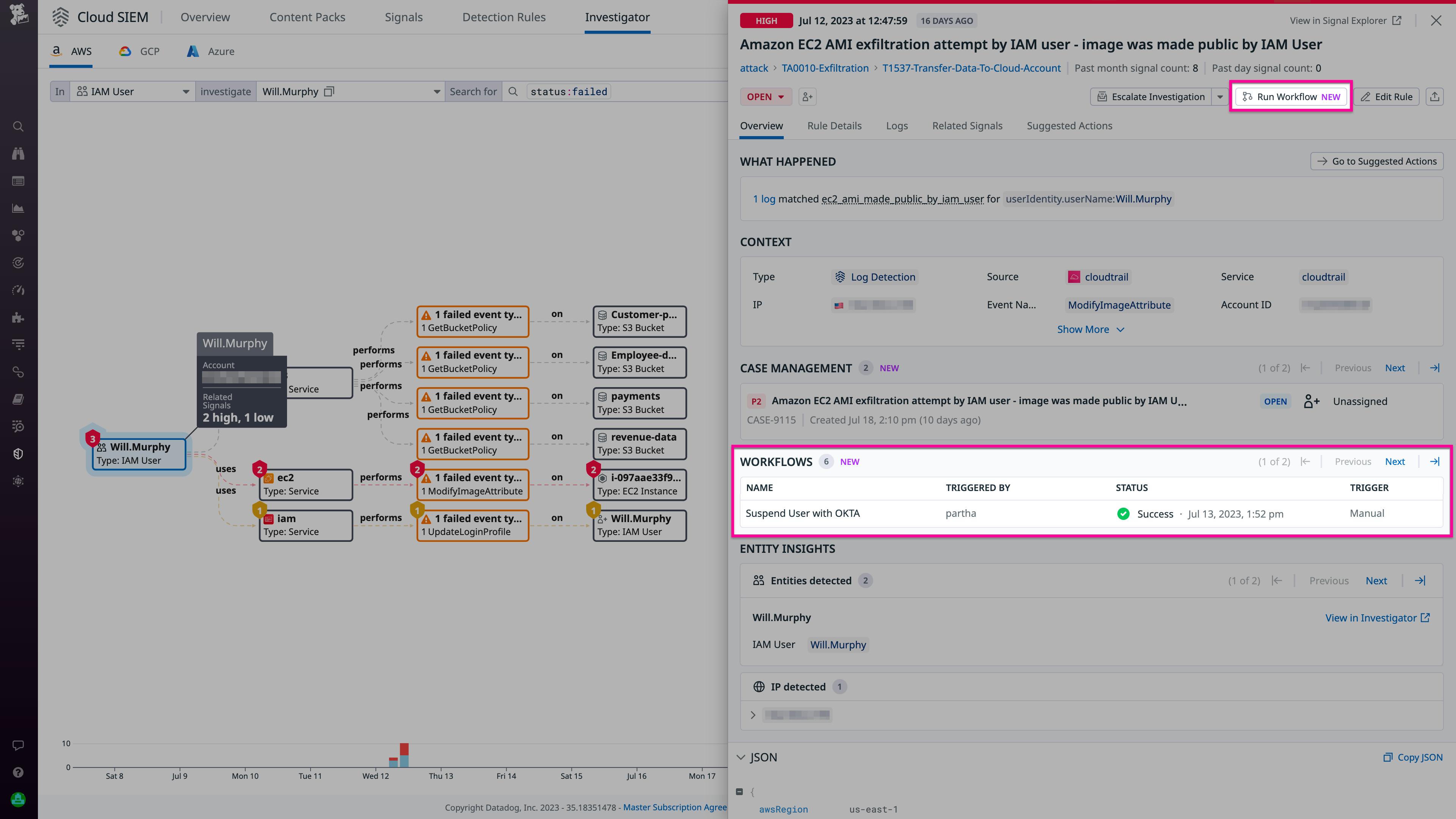 The Cloud SIEM Investigator's side panel includes a Run Workflow button.