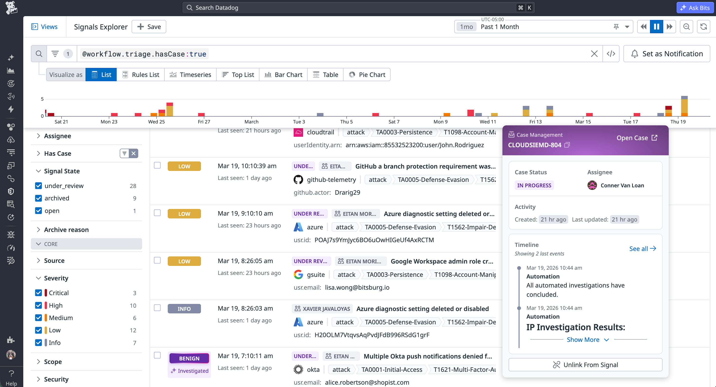 Cloud SIEM signal list showing a linked case