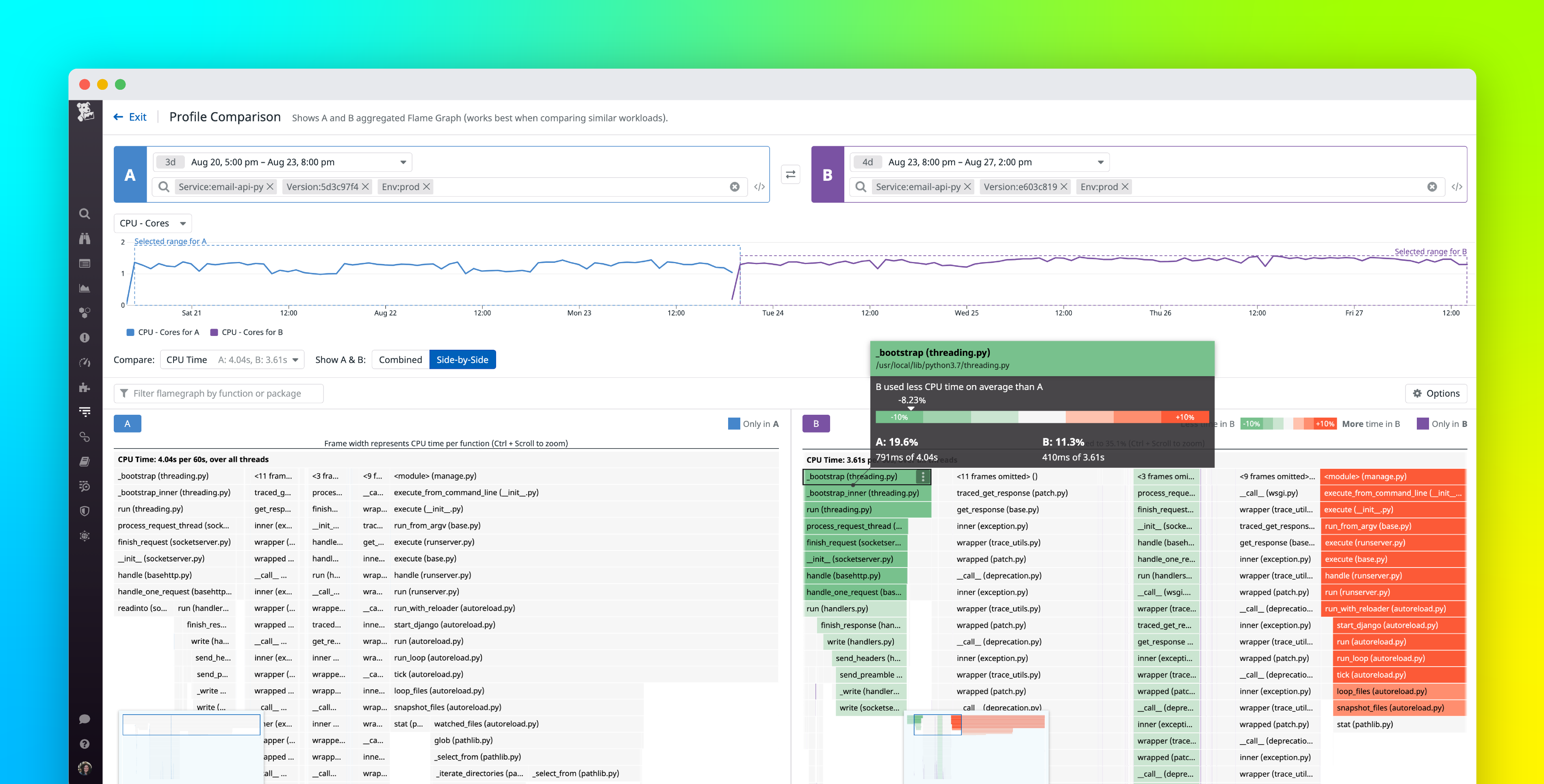 Compare and optimize your code with Datadog Profile Comparison