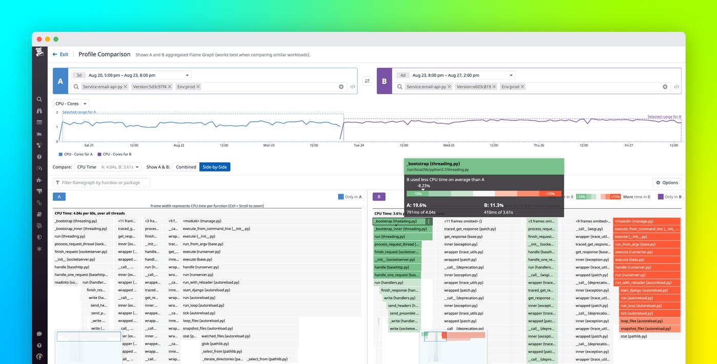 Compare and optimize your code with Datadog Profile Comparison Compare and optimize your code with Datadog Profile Comparison