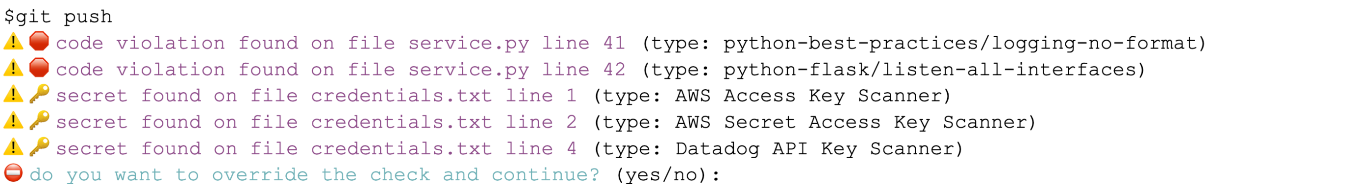 Example of a blocked commit in a CI pipeline due to detected secret exposure.