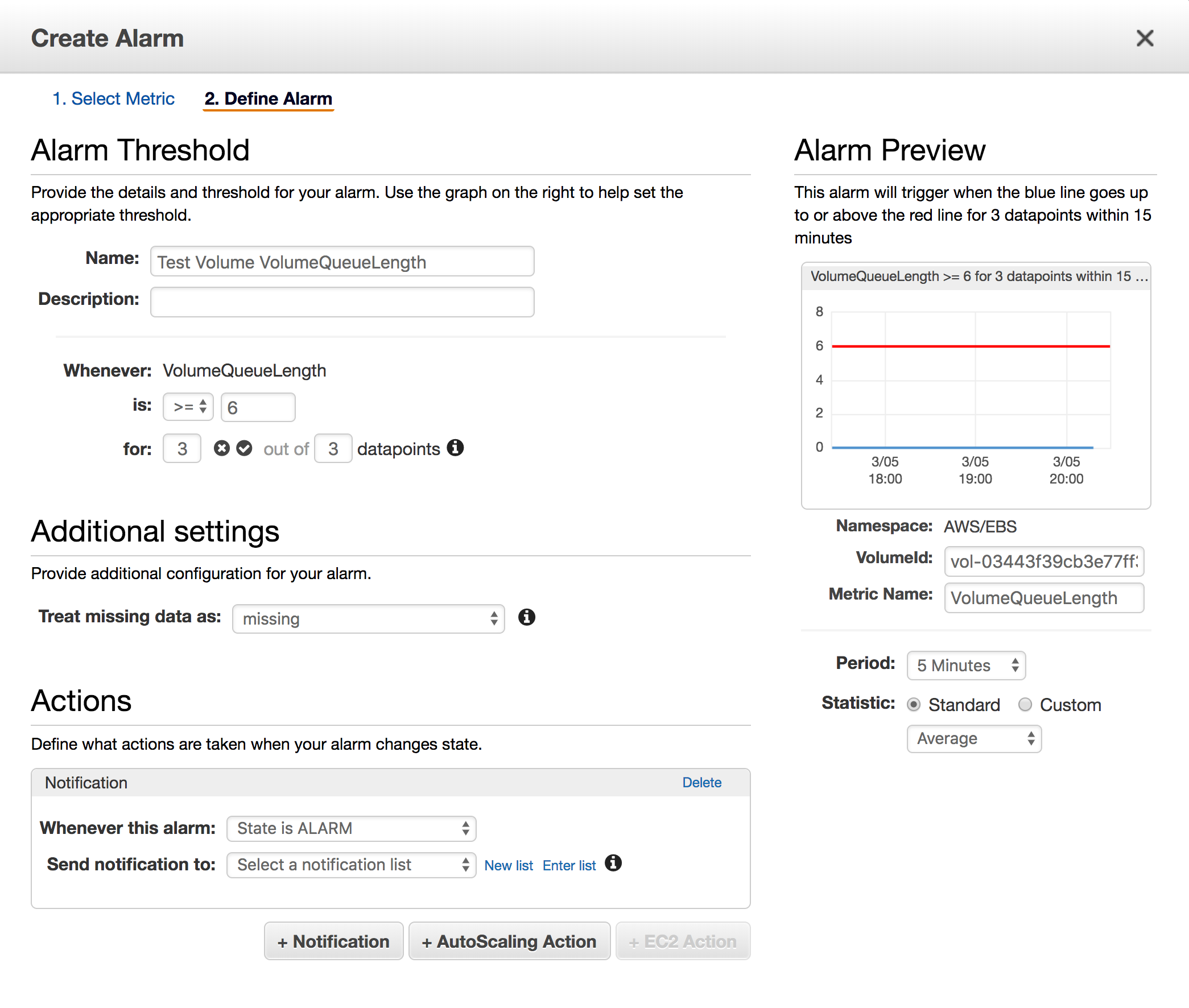 Creating a CloudWatch alarm for EBS metrics