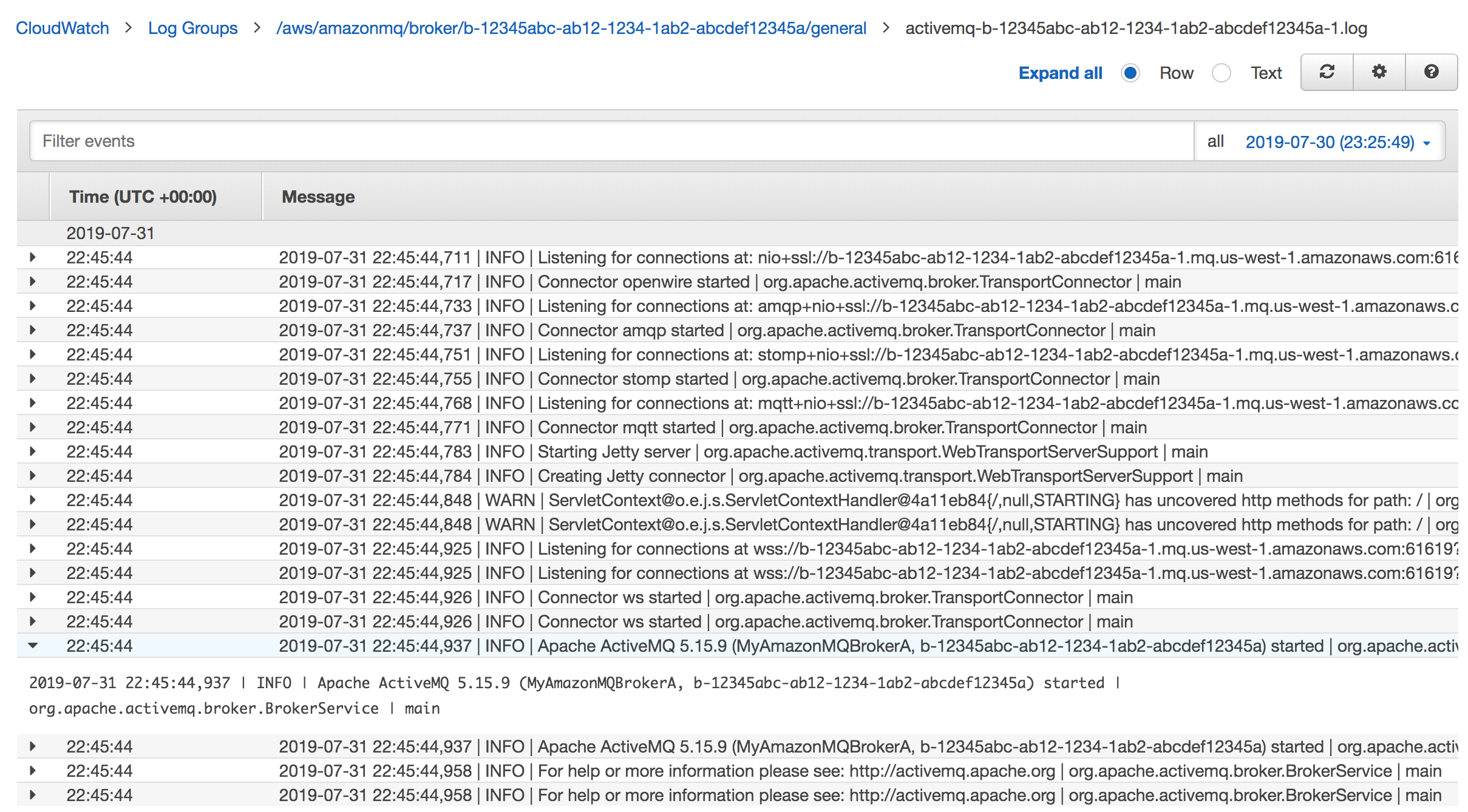 A CloudWatch logs screenshot displays a log that Amazon MQ created when it started a broker.