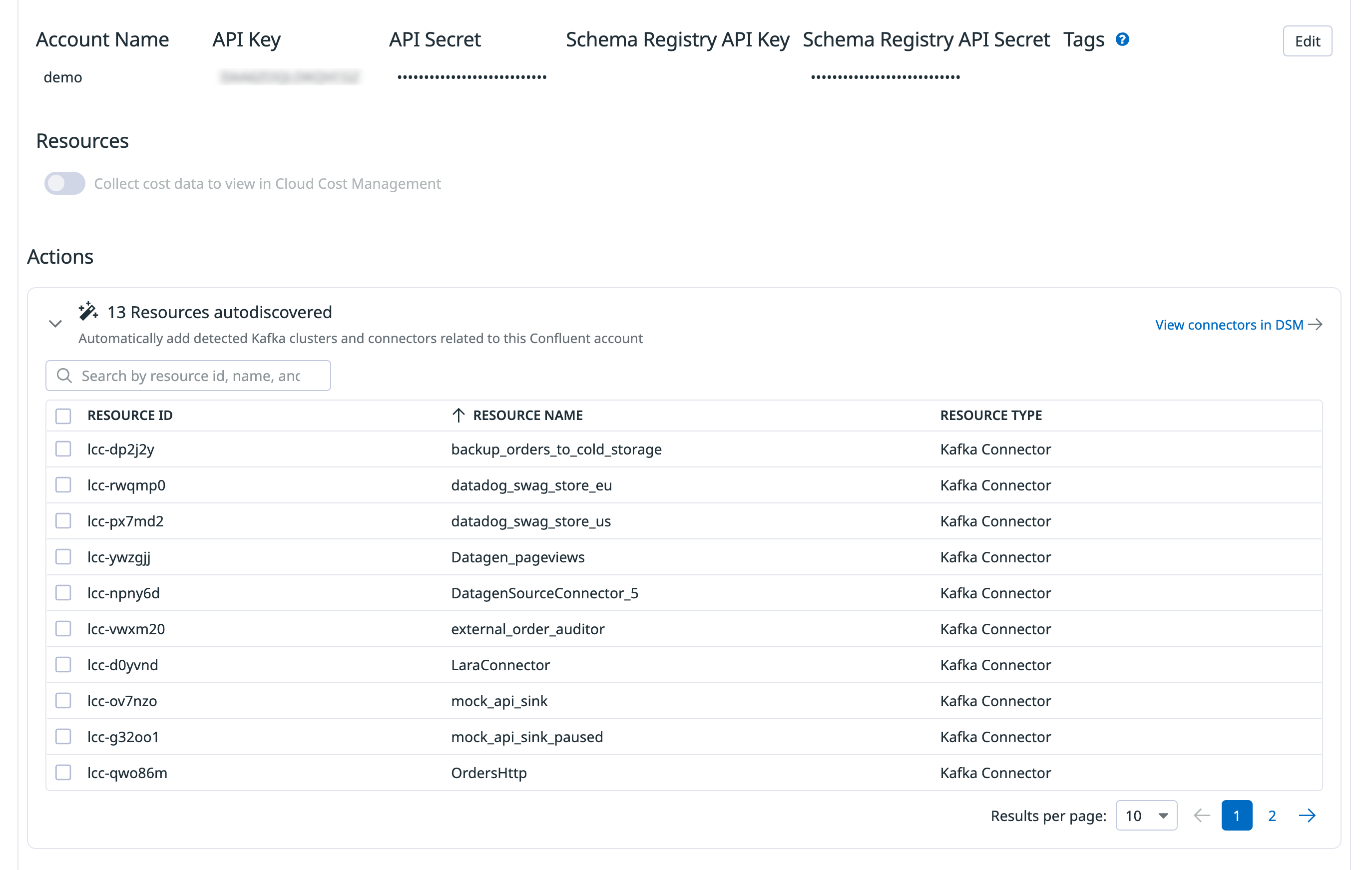 A list of autodiscovered connectors on the Confluent Cloud integration tile