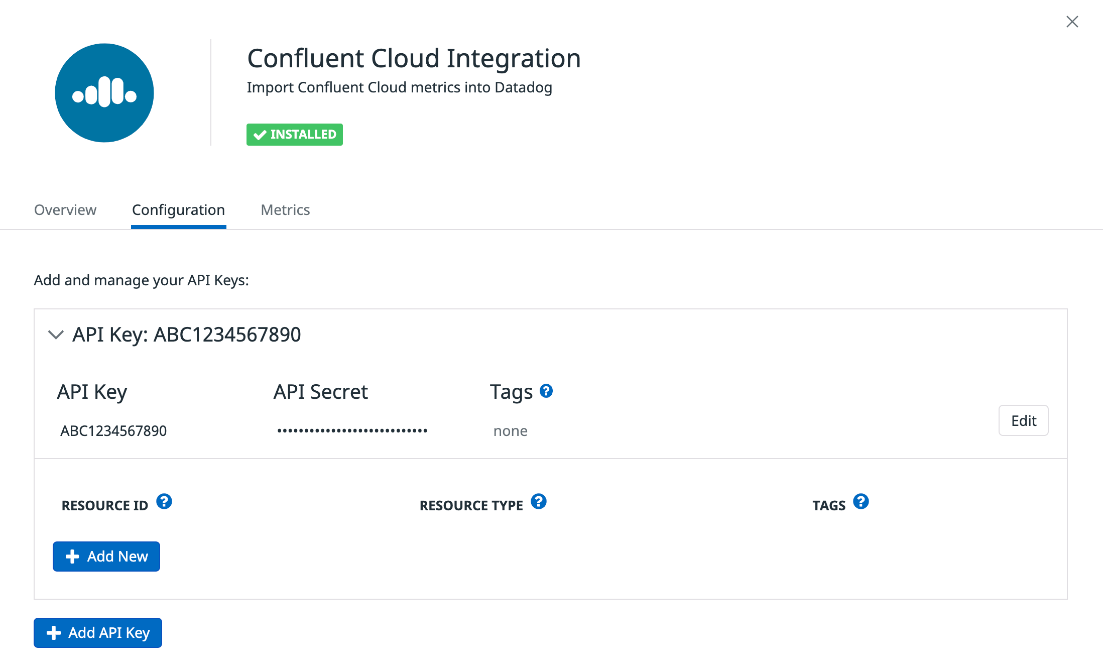 Add Confluent Cloud API key to Datadog