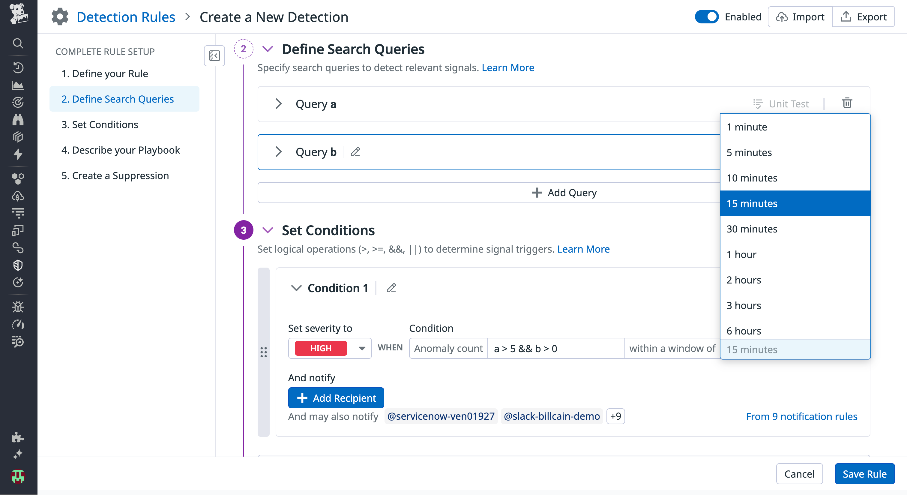 Setting the conditions for the Content Anomaly Detection rule.