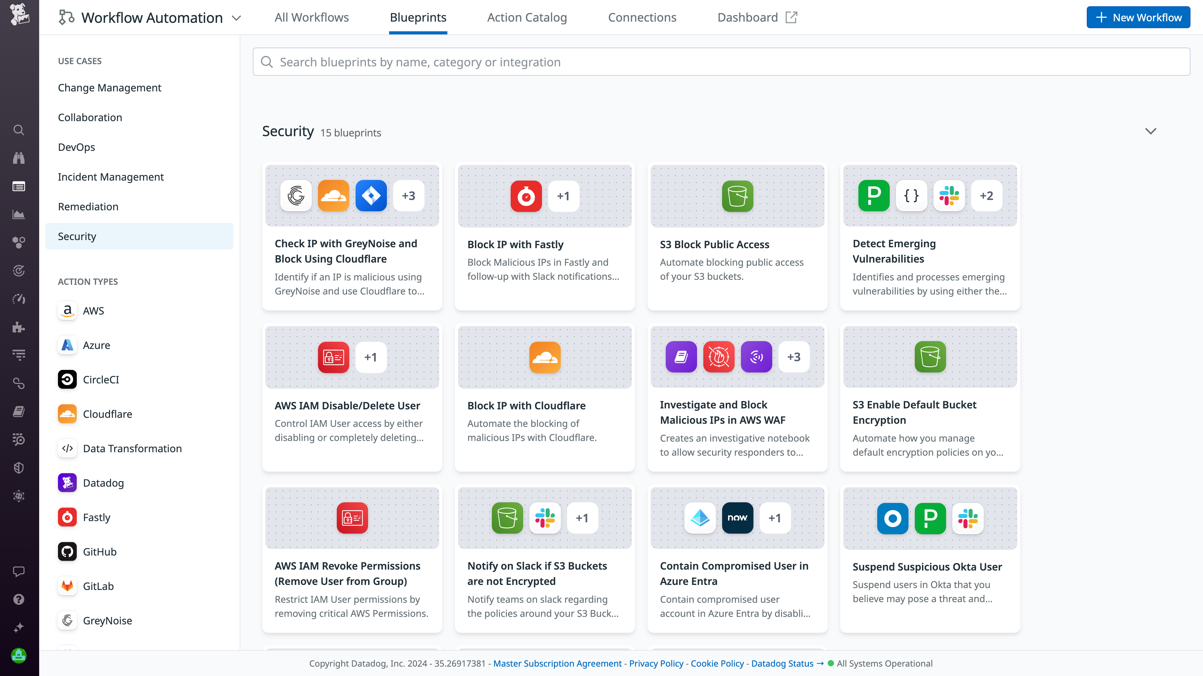 Workflow Blueprints view in Datadog Workflow Automation