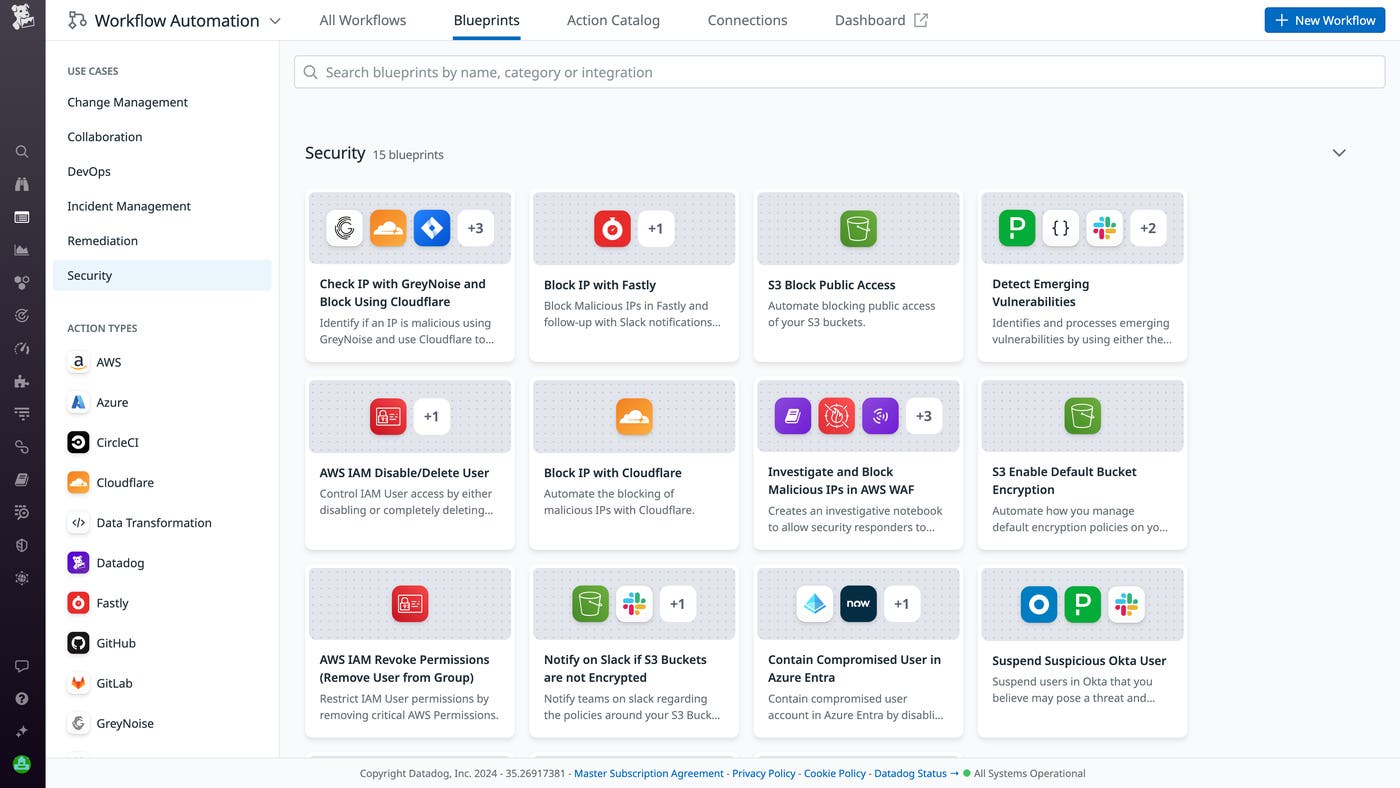 Workflow Blueprints view in Datadog Workflow Automation Workflow Blueprints view in Datadog Workflow Automation