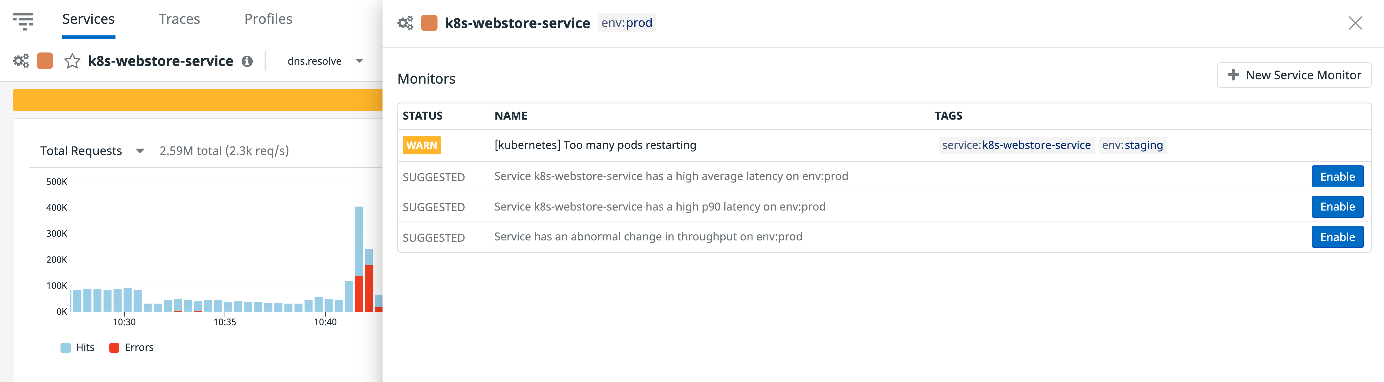 Kubernetes alerts from Datadog APM