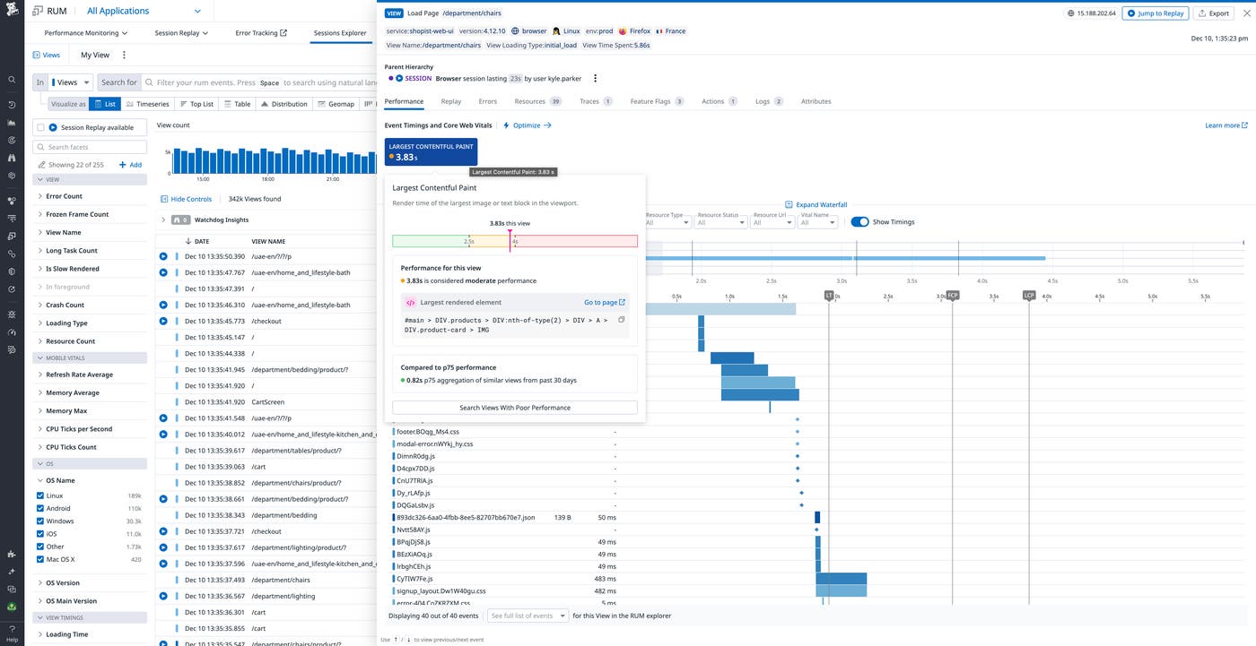Correlate suboptimal Largest Contentful Paint scores with corresponding page load events in the RUM waterfall. Correlate suboptimal Largest Contentful Paint scores with corresponding page load events in the RUM waterfall.