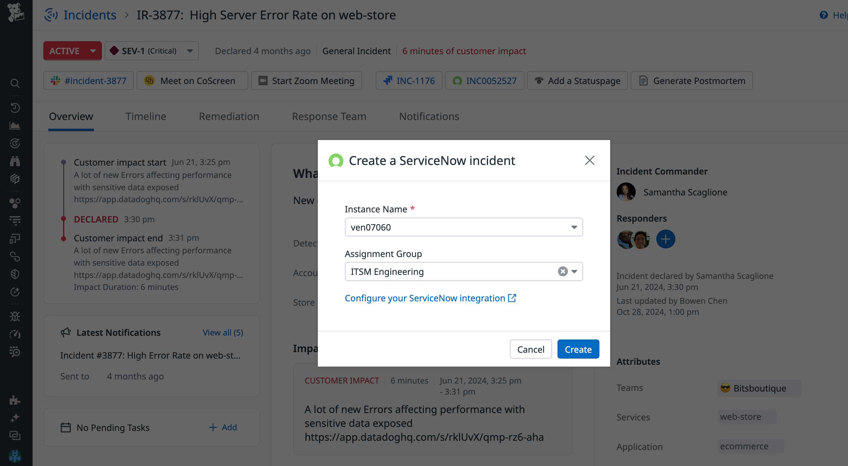 Screen in Incident Management where you can select the instance name and assignment group to create a ServiceNow incident.
