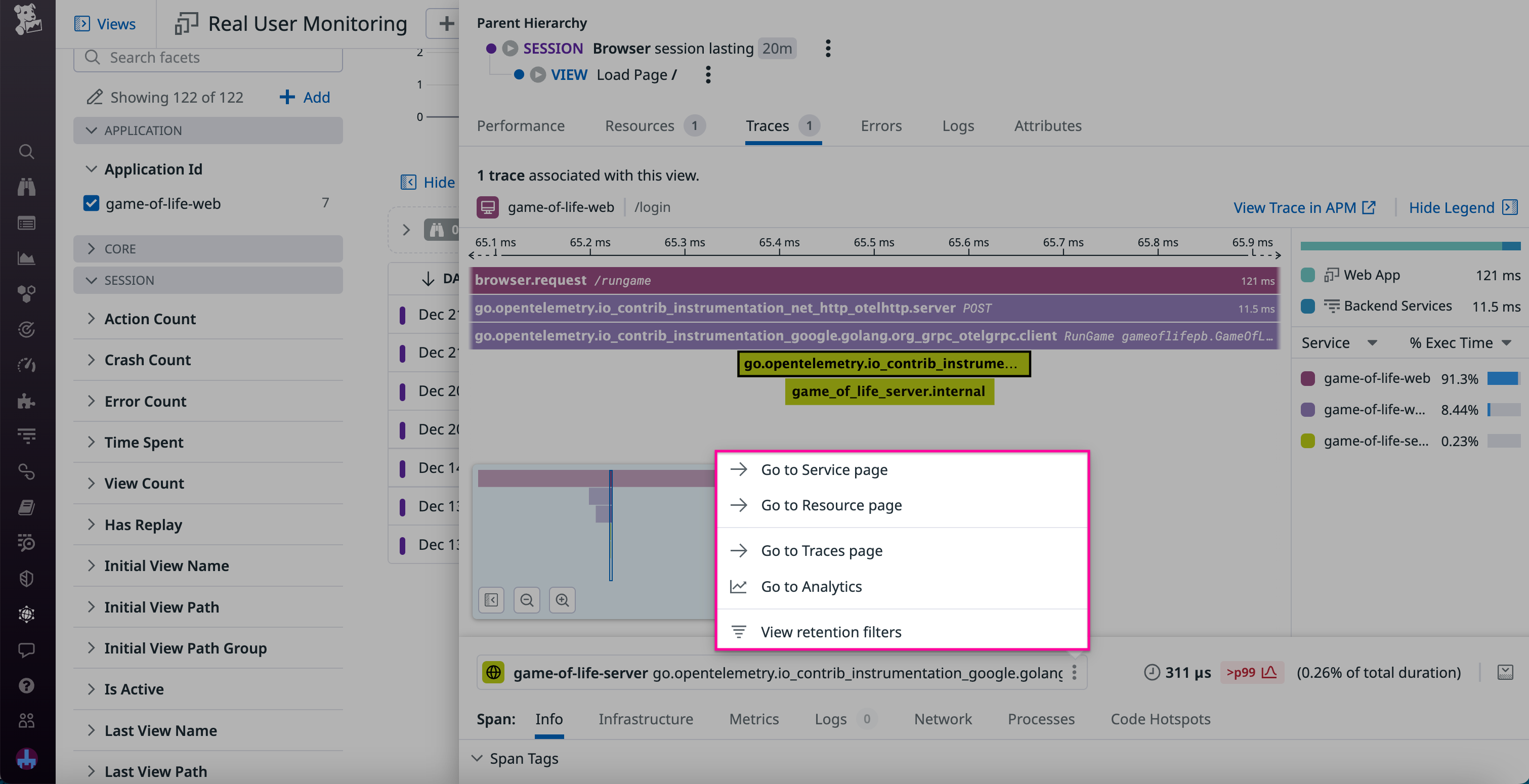 The Traces view within a RUM user session with the option to jump to the related Service page displayed.