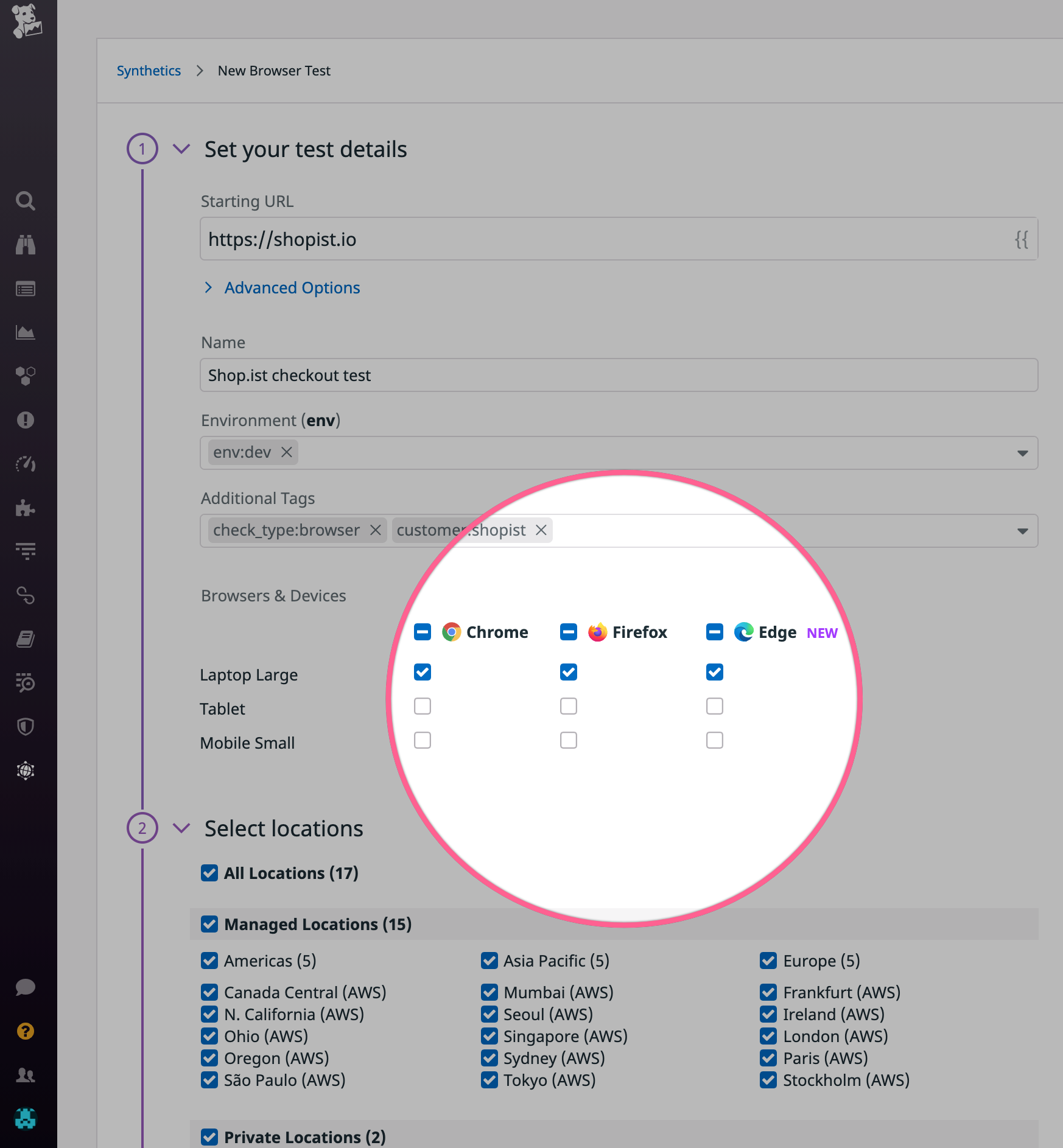 Select the browsers and devices you want to simulate when you create your tests
