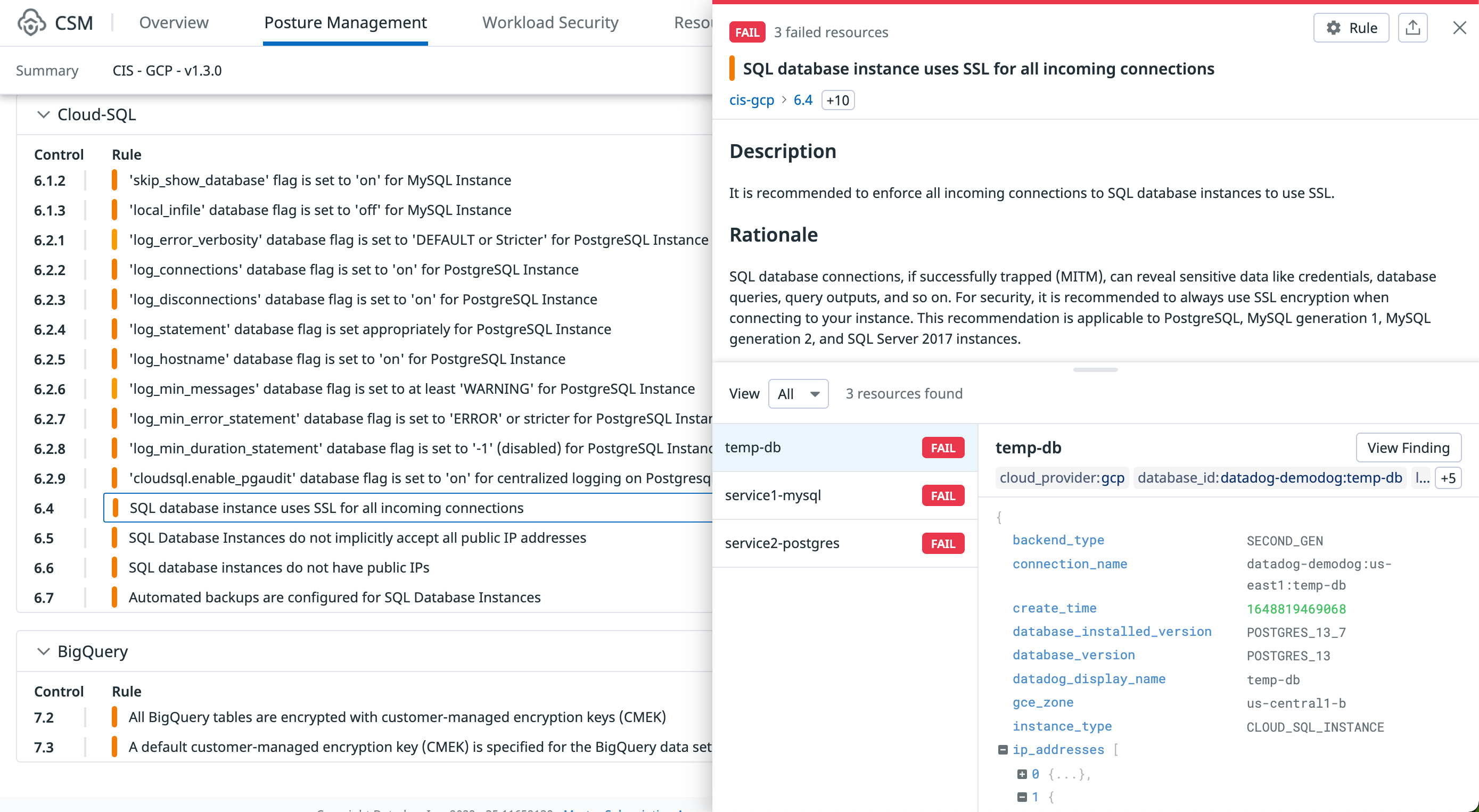 Datadog Cloud Security Misconfigurations for GCP findings explorer