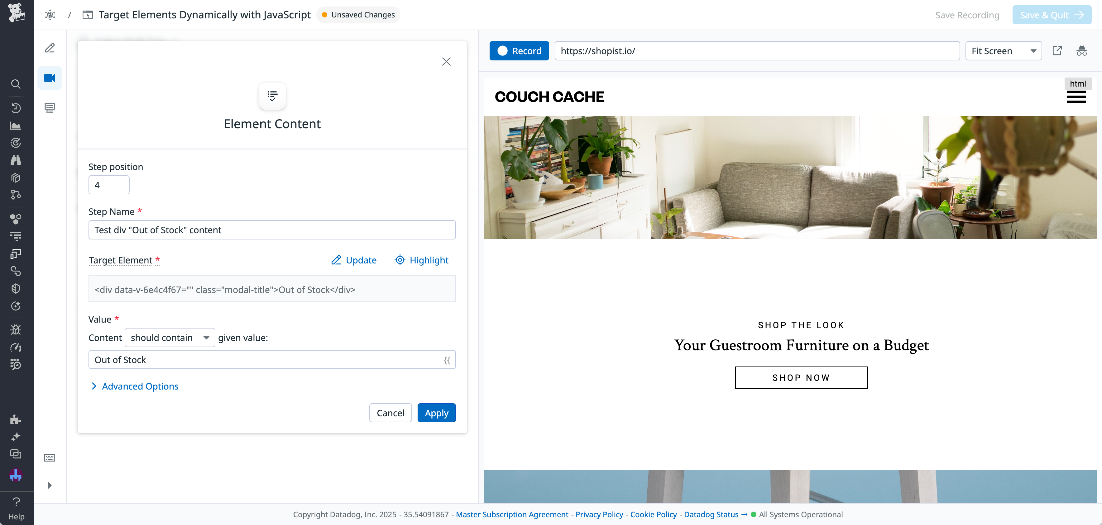 The Element Content panel for a locator that selects an element with 'Out of Stock' text.