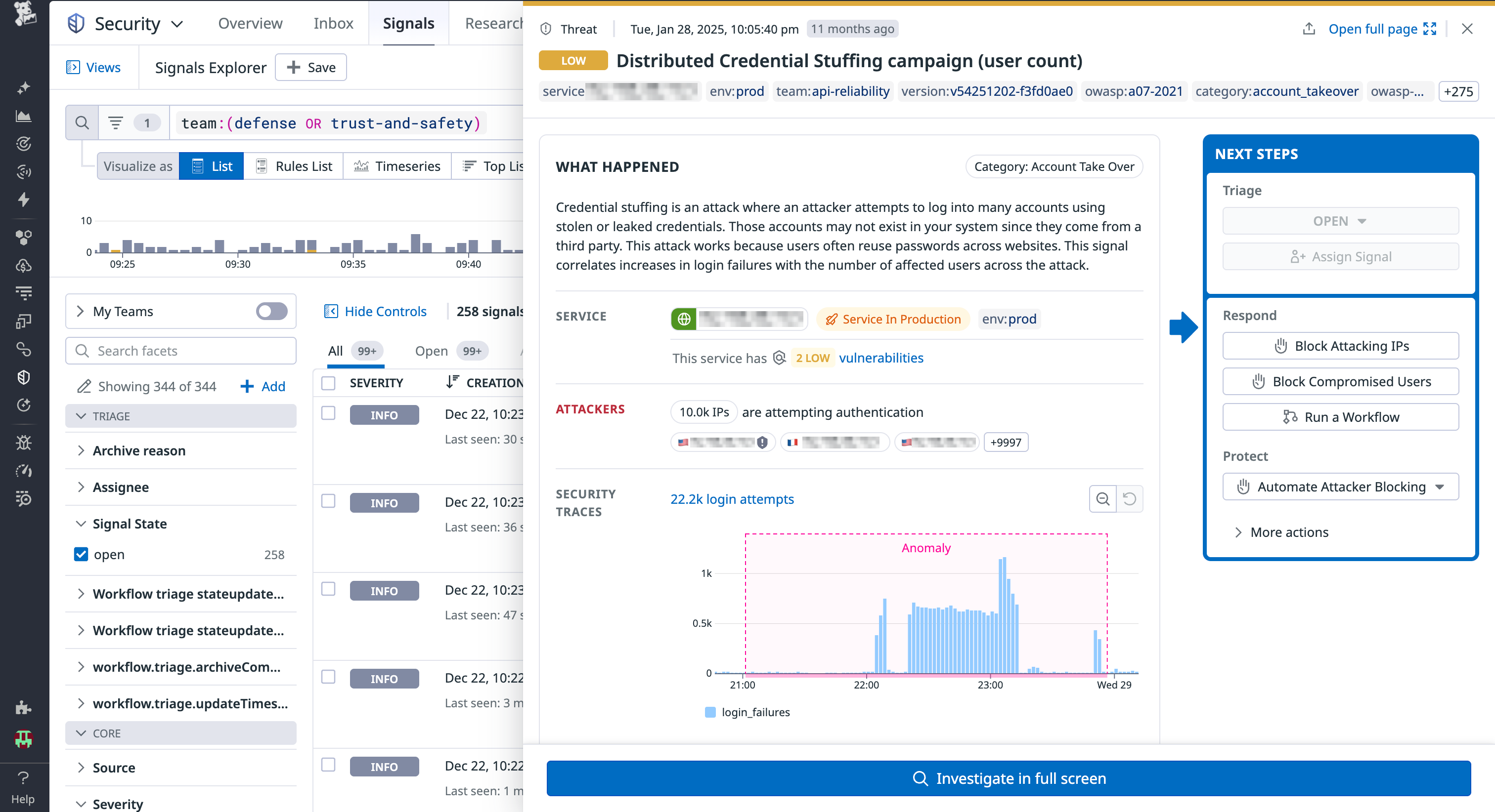 A screenshot of a security signal in Datadog highlighting a distributed credential stuffing campaign.