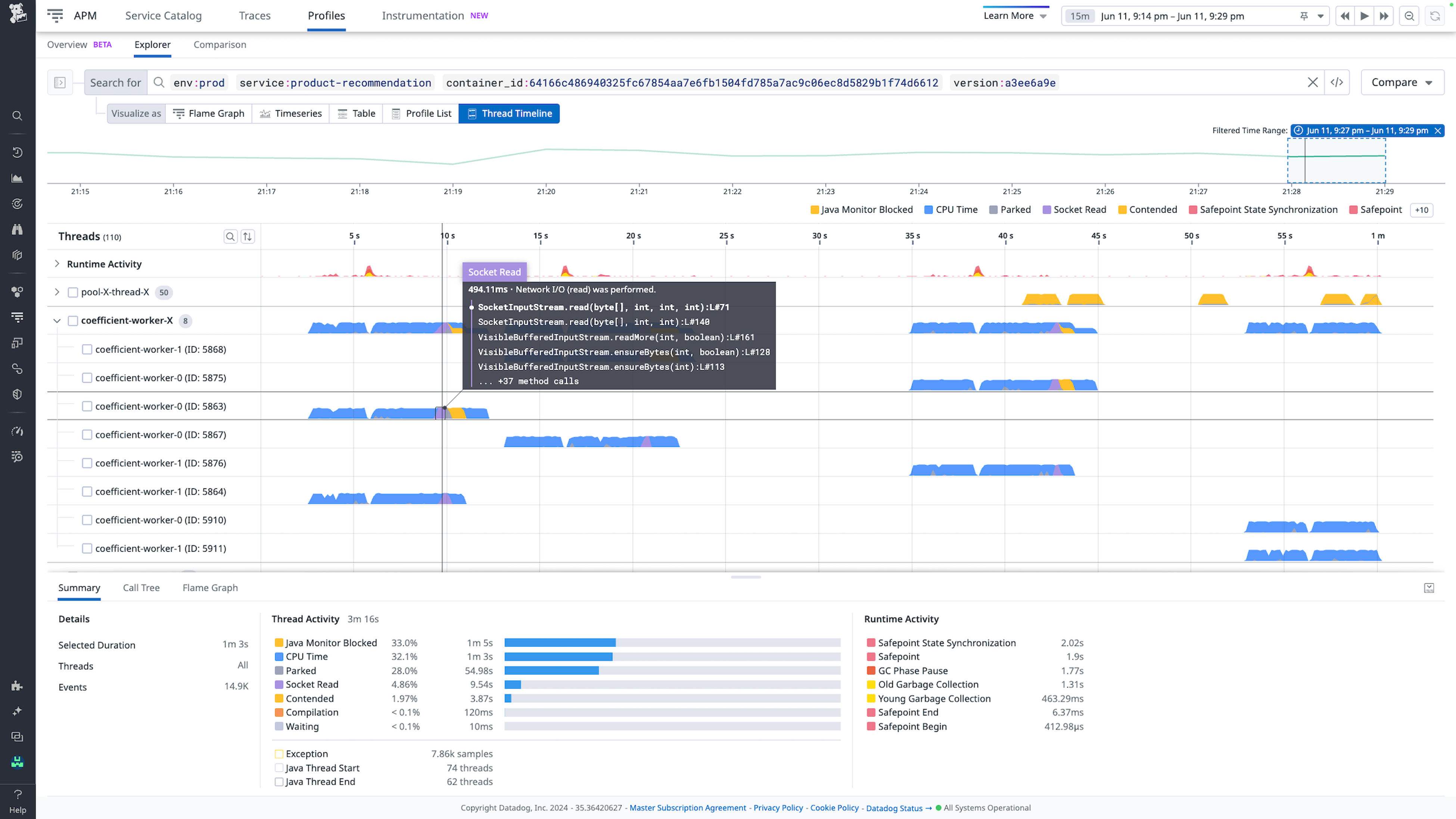 a timeline of runtime activity