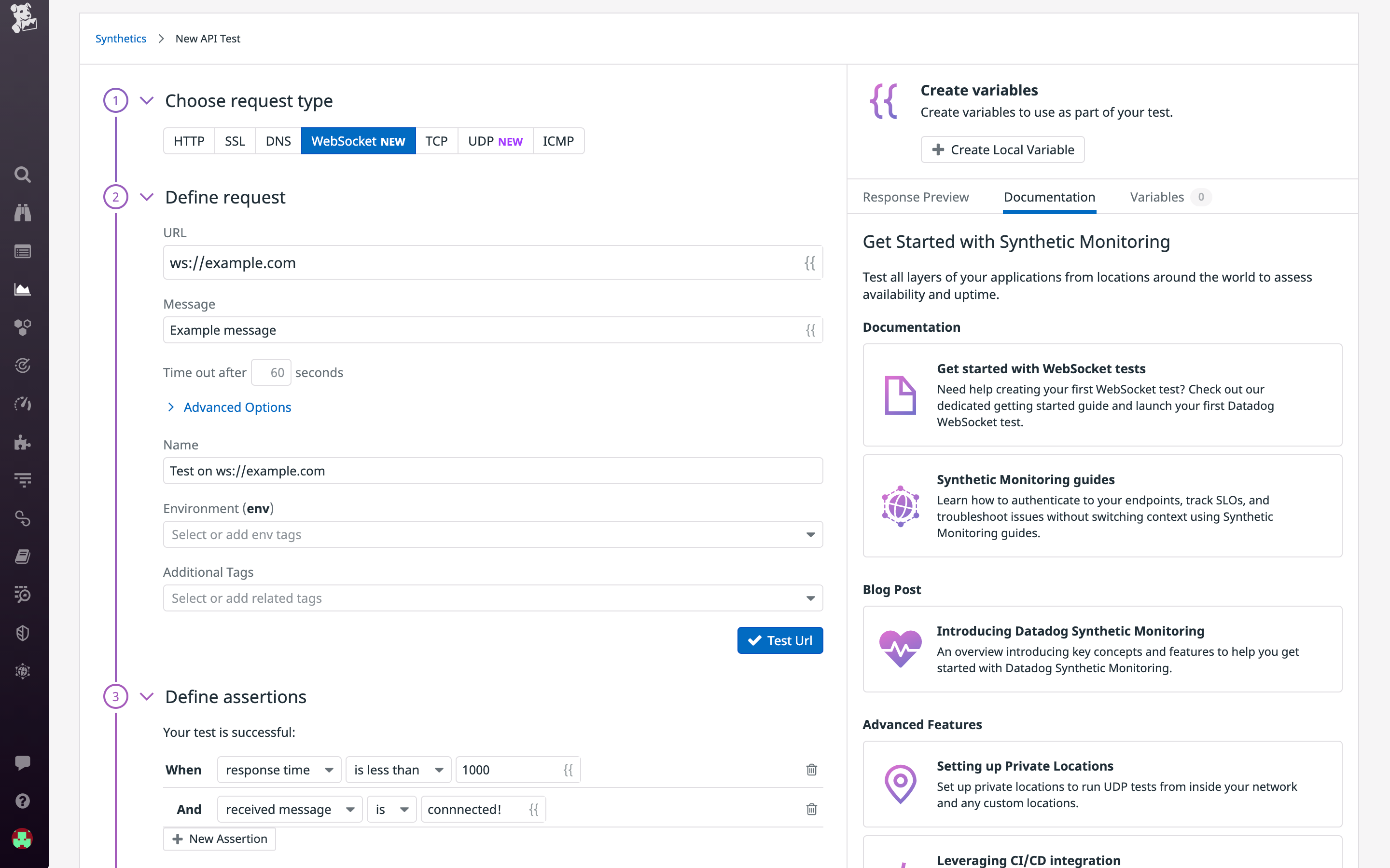 Create WebSocket and UDP tests in Datadog Synthetic Monitoring