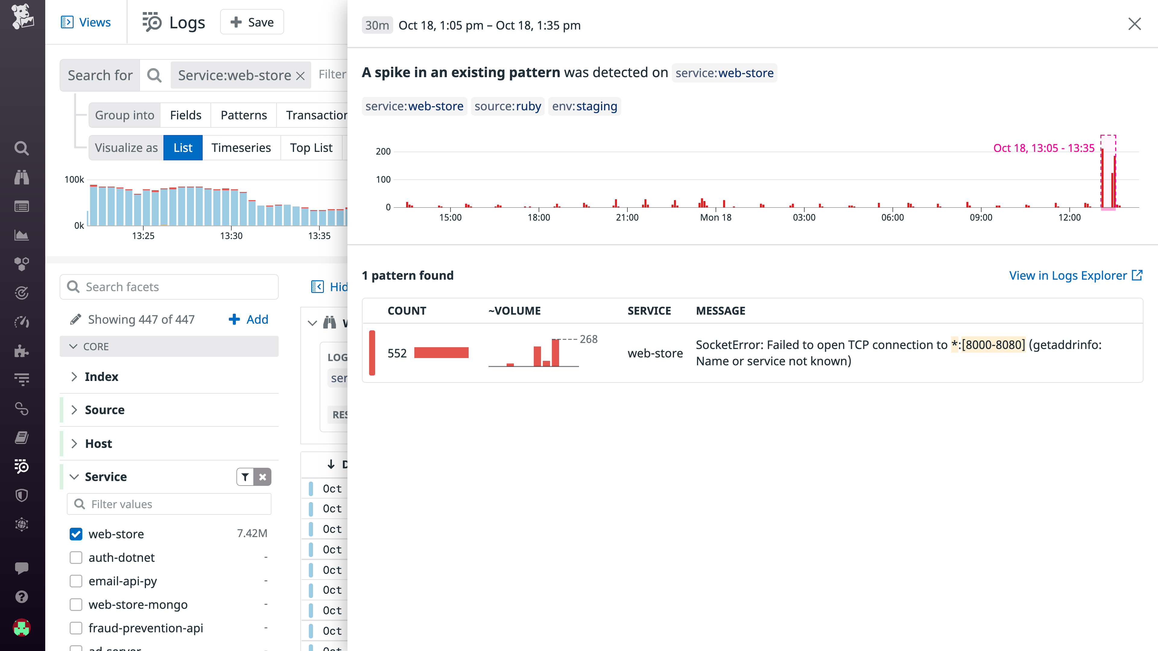 The Log Anomaly Detection feature highlights new log patterns or noteworthy spikes in existing patterns that are likely to explain the root cause of an issue.