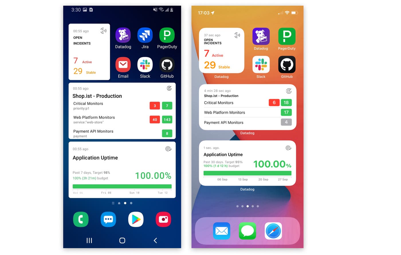 A mobile dashboard on an Android phone and one on an iPhone both show monitor widgets, SLO widgets, and icons for PagerDuty, Datadog, Slack, and GitHub apps. A mobile dashboard on an Android phone and one on an iPhone both show monitor widgets, SLO widgets, and icons for PagerDuty, Datadog, Slack, and GitHub apps.