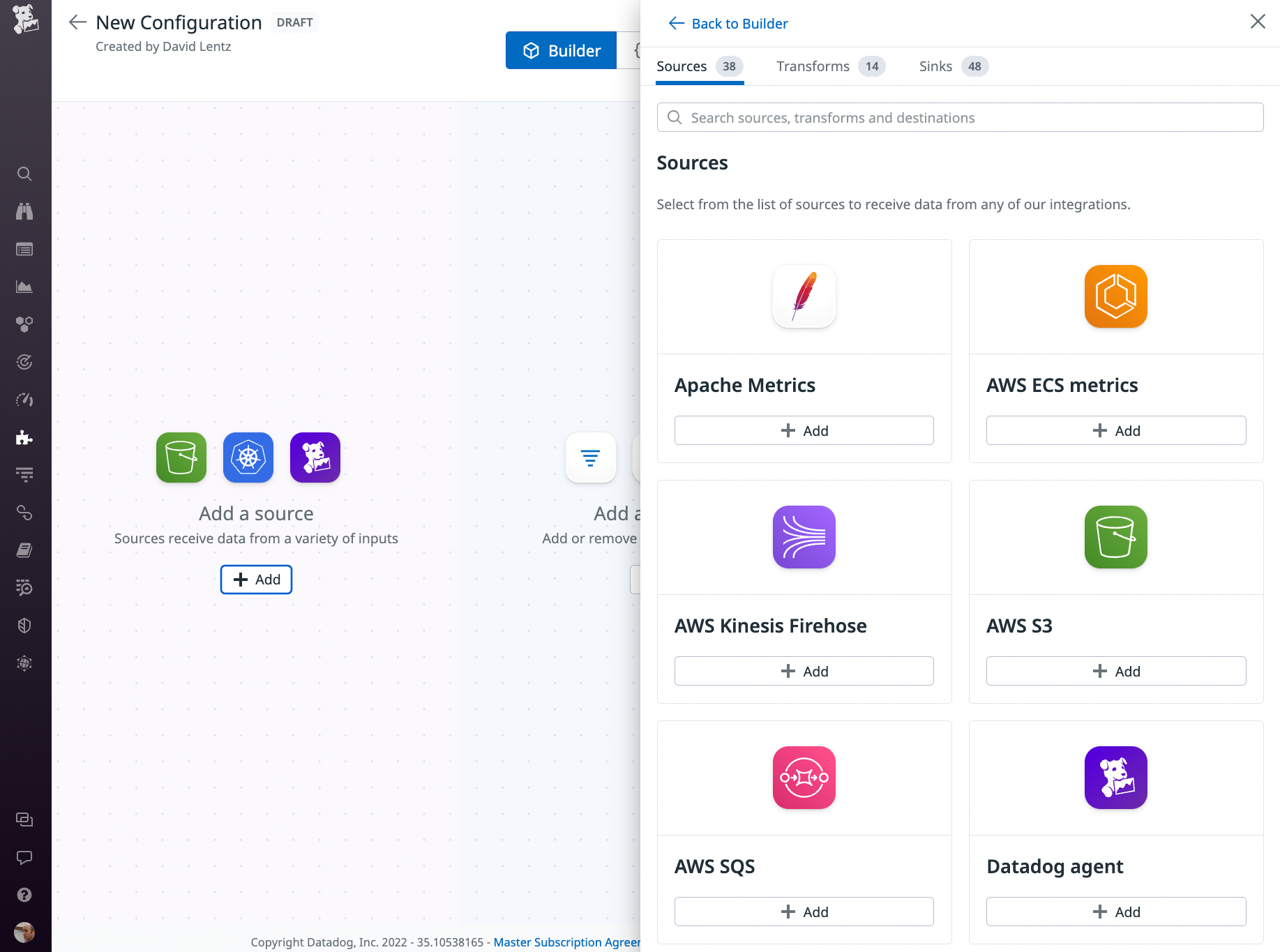 The configuration builder's simple-to-use UI lets you visually explore and choose sources, transforms, and sinks.