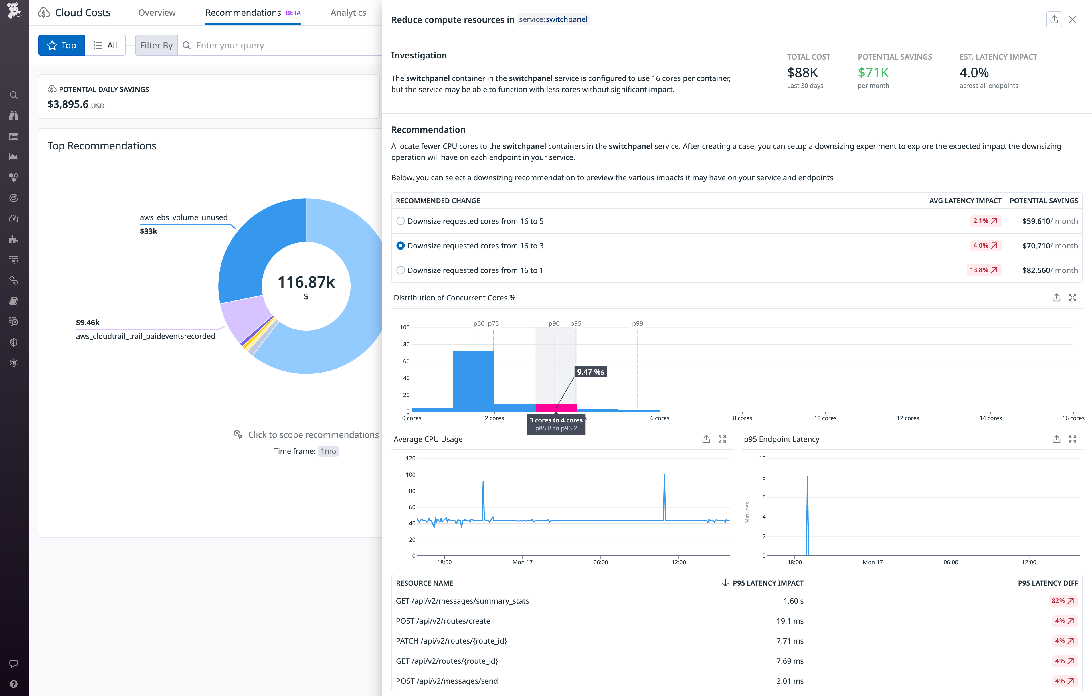 Cloud Cost Recommendations show a breakdown of potential savings and projections of how reducing a container's compute resources will affect the latency of endpoints in the service.