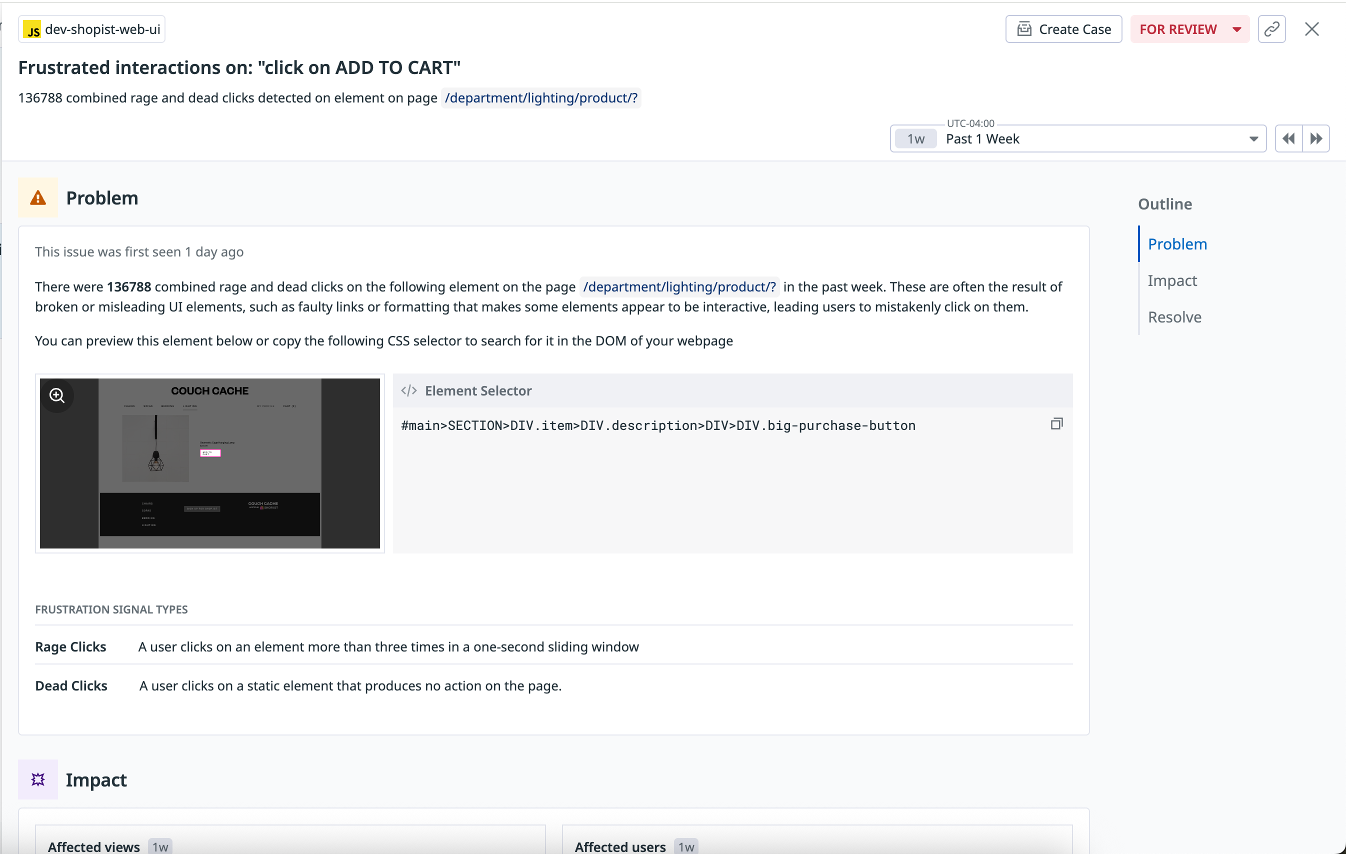 A RUM alert showing frustrated user clicks on an Add to Cart button