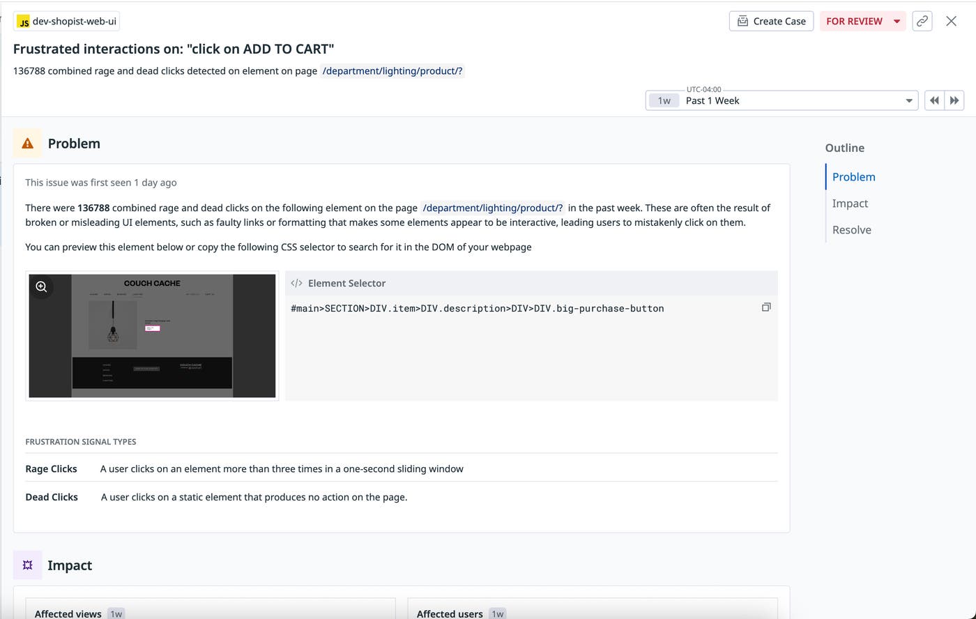 A RUM alert showing frustrated user clicks on an Add to Cart button A RUM alert showing frustrated user clicks on an Add to Cart button