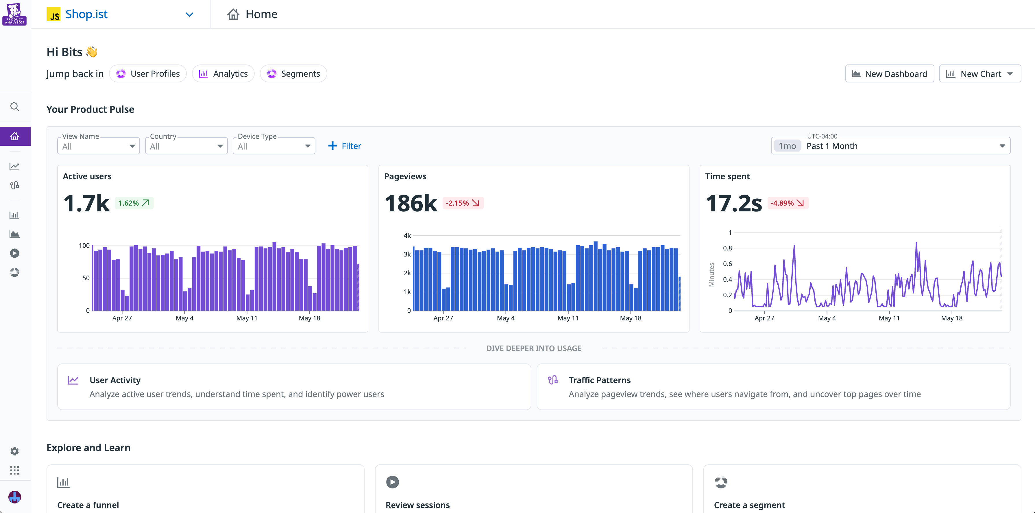 The Home view within Product Analytics, with user activity metrics and suggested starting points displayed.