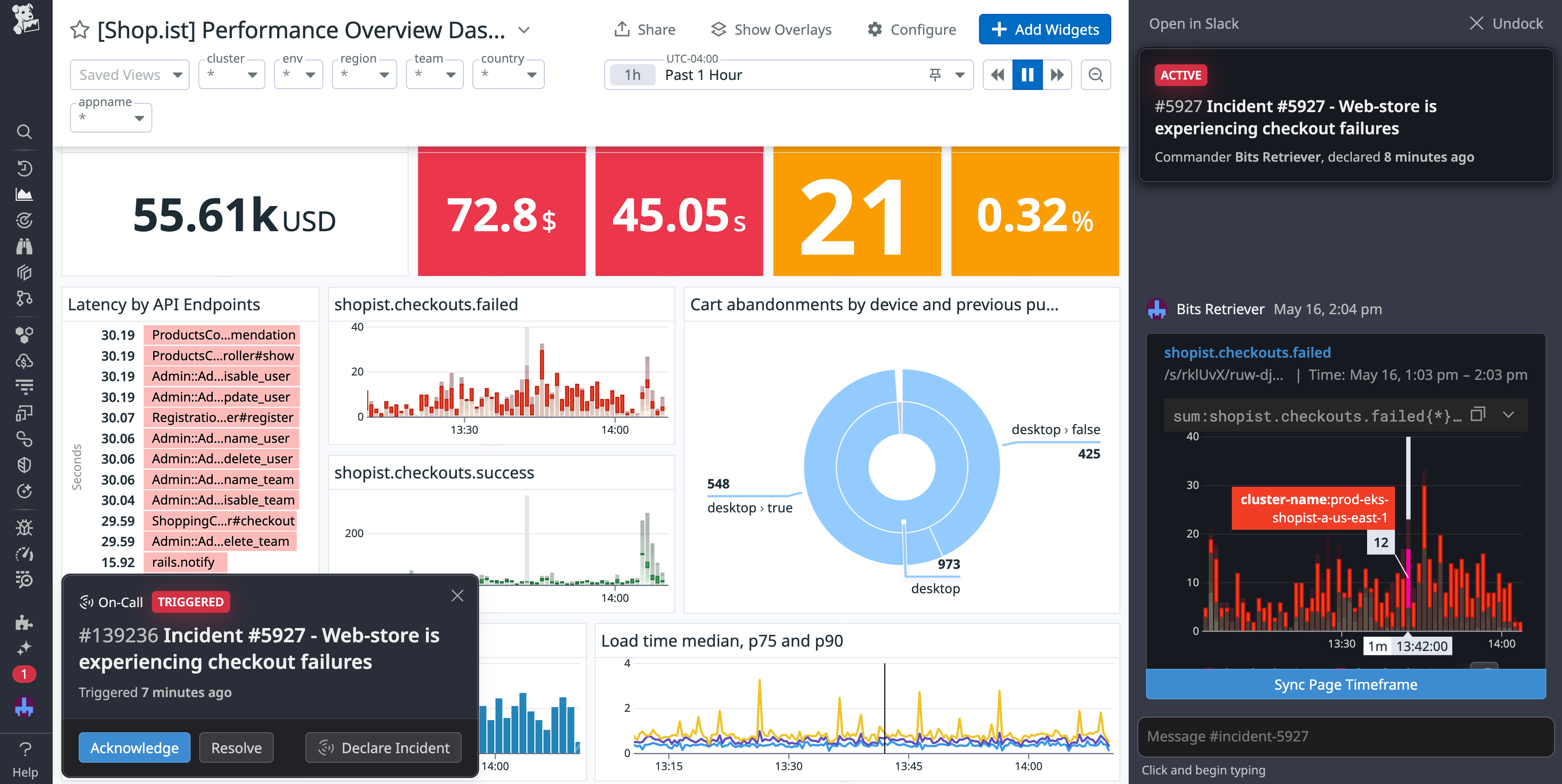 A handoff notification in the Datadog web app, as well as a highlighted graph in the incident workbench sidebar.