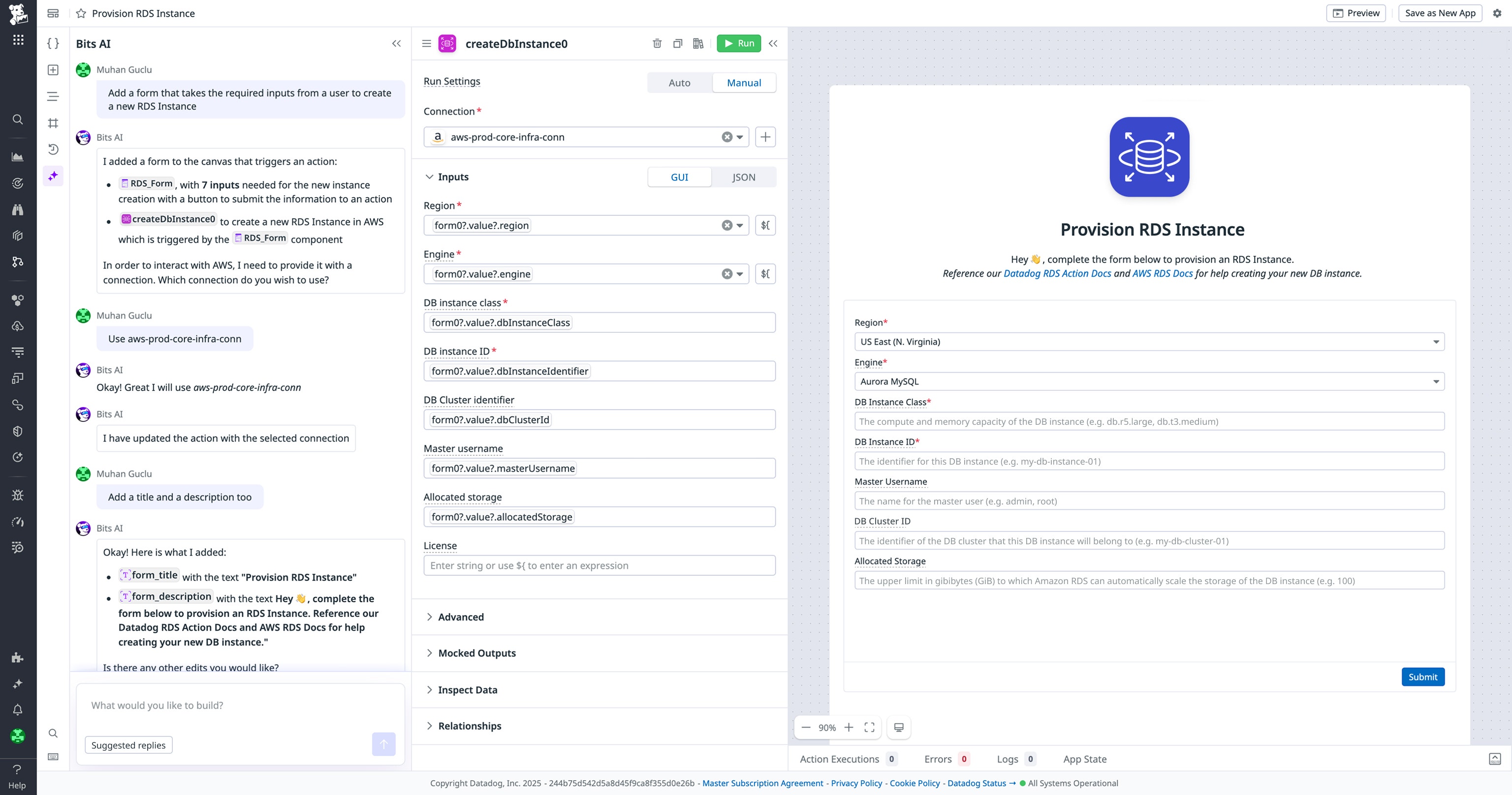 RDS provisioning app built with App Builder conversational AI