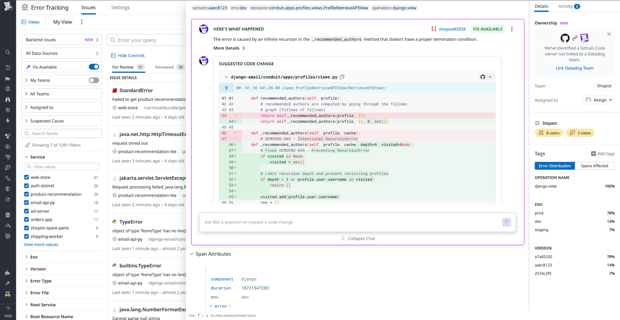 An Error Tracking view showing a Bits AI Dev Agent identifying an issue and suggesting a code change.