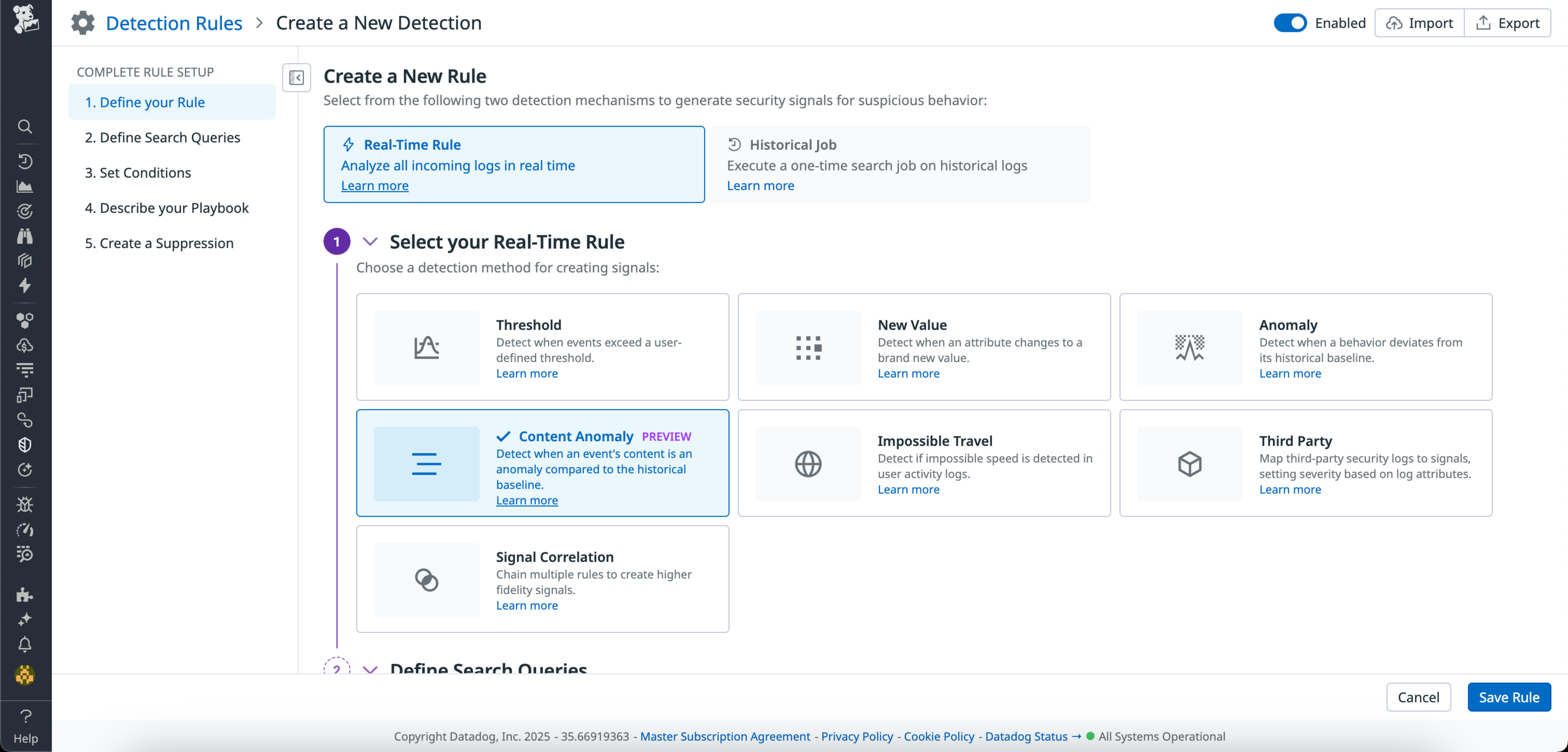 Datadog detection rule setup screen highlighting the content anomaly real-time rule to detect deviations from historical baselines.