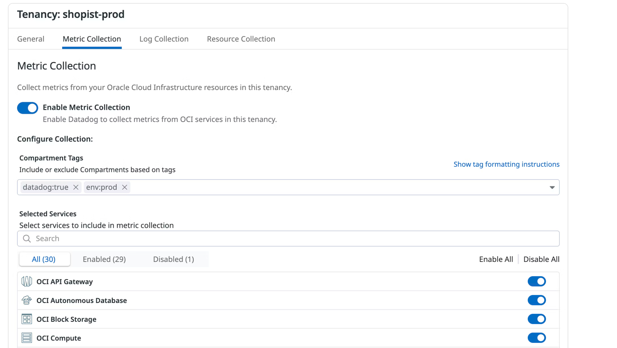 Datadog's OCI QuickStart set-up.
