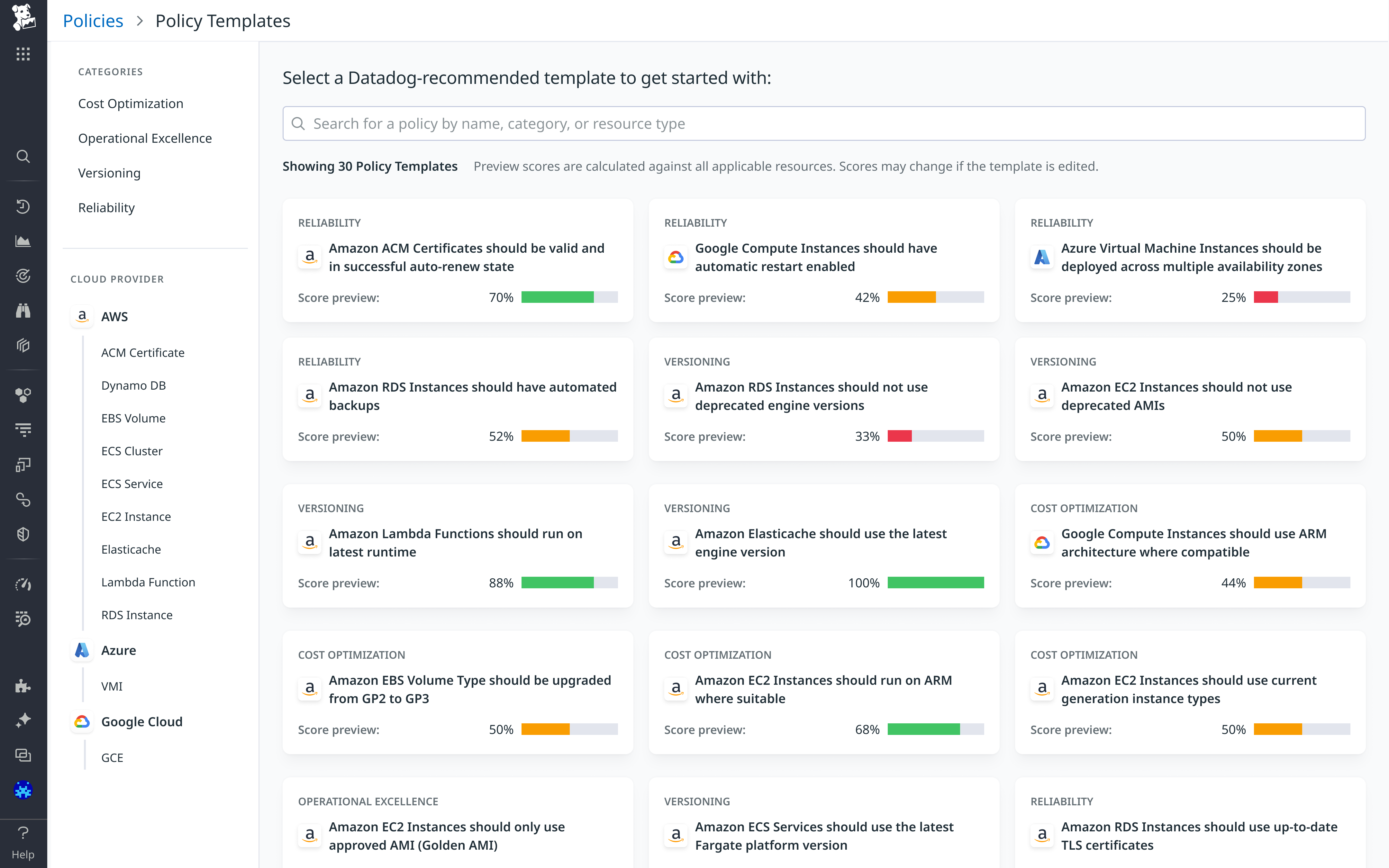 Out-of-the-box policy templates that you can choose from to get started quickly with assessing your infrastructure