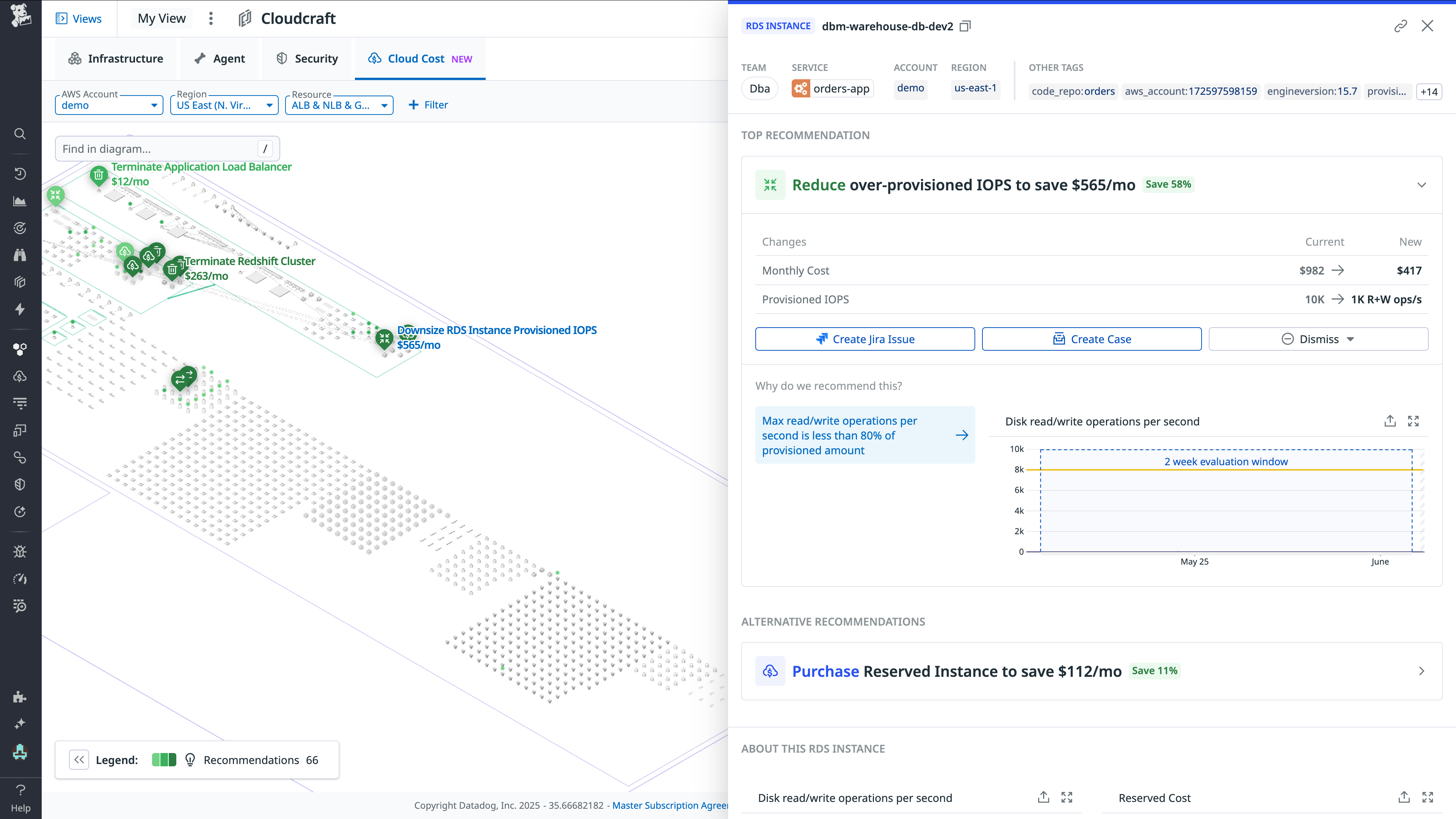 The Cloud Cost overlay surfaces recommendations to optimize costs and provides details to help you take action.