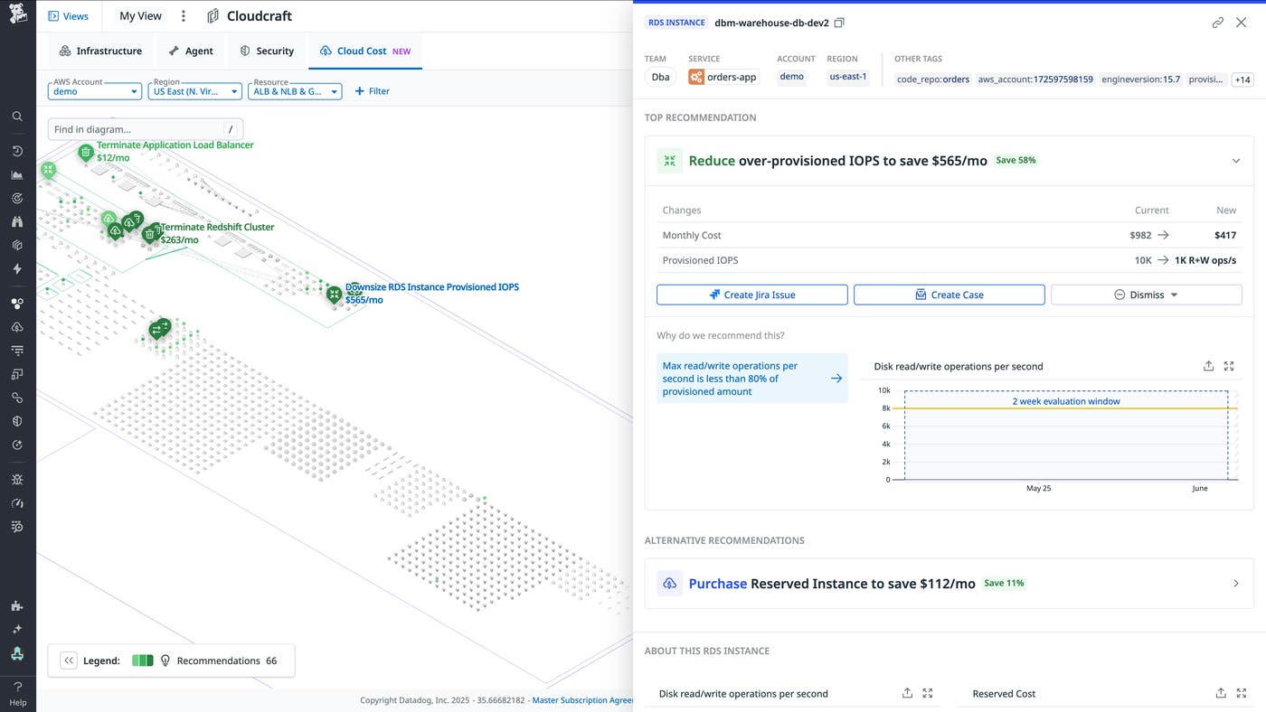 The Cloud Cost overlay surfaces recommendations to optimize costs and provides details to help you take action. The Cloud Cost overlay surfaces recommendations to optimize costs and provides details to help you take action.