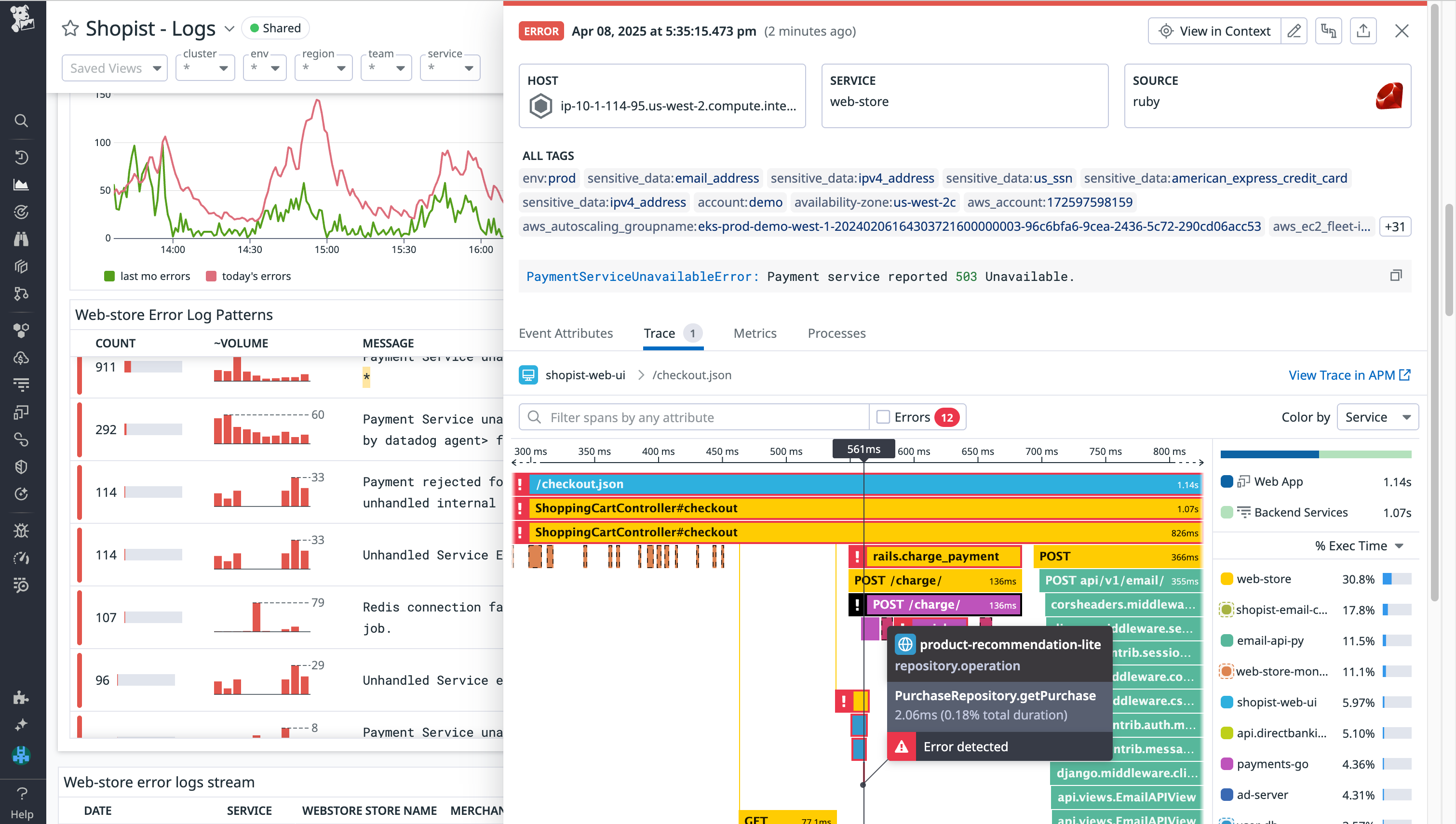 By enabling APM for the Datadog Agent, you're able to view correlated traces directly within an error log.