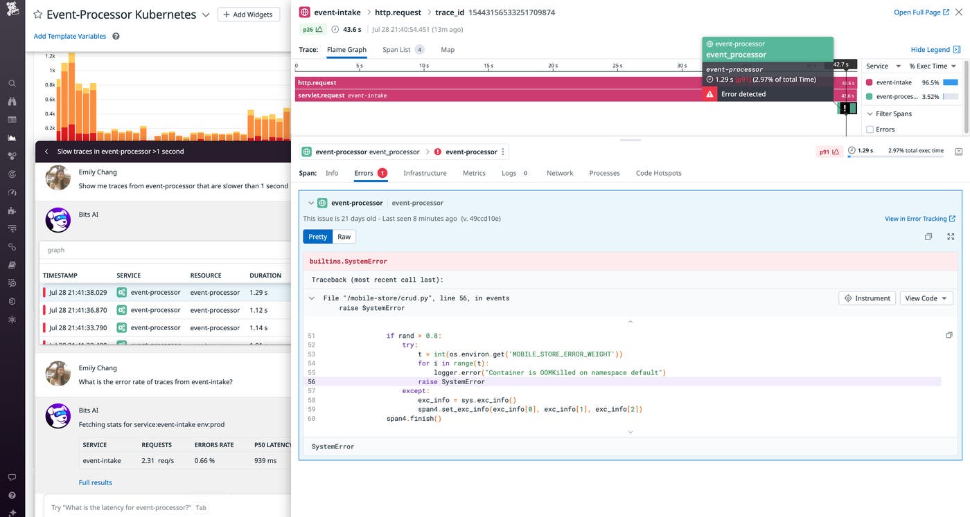 You can use Bits AI to query APM traces from anywhere in the Datadog web UI. You can use Bits AI to query APM traces from anywhere in the Datadog web UI.